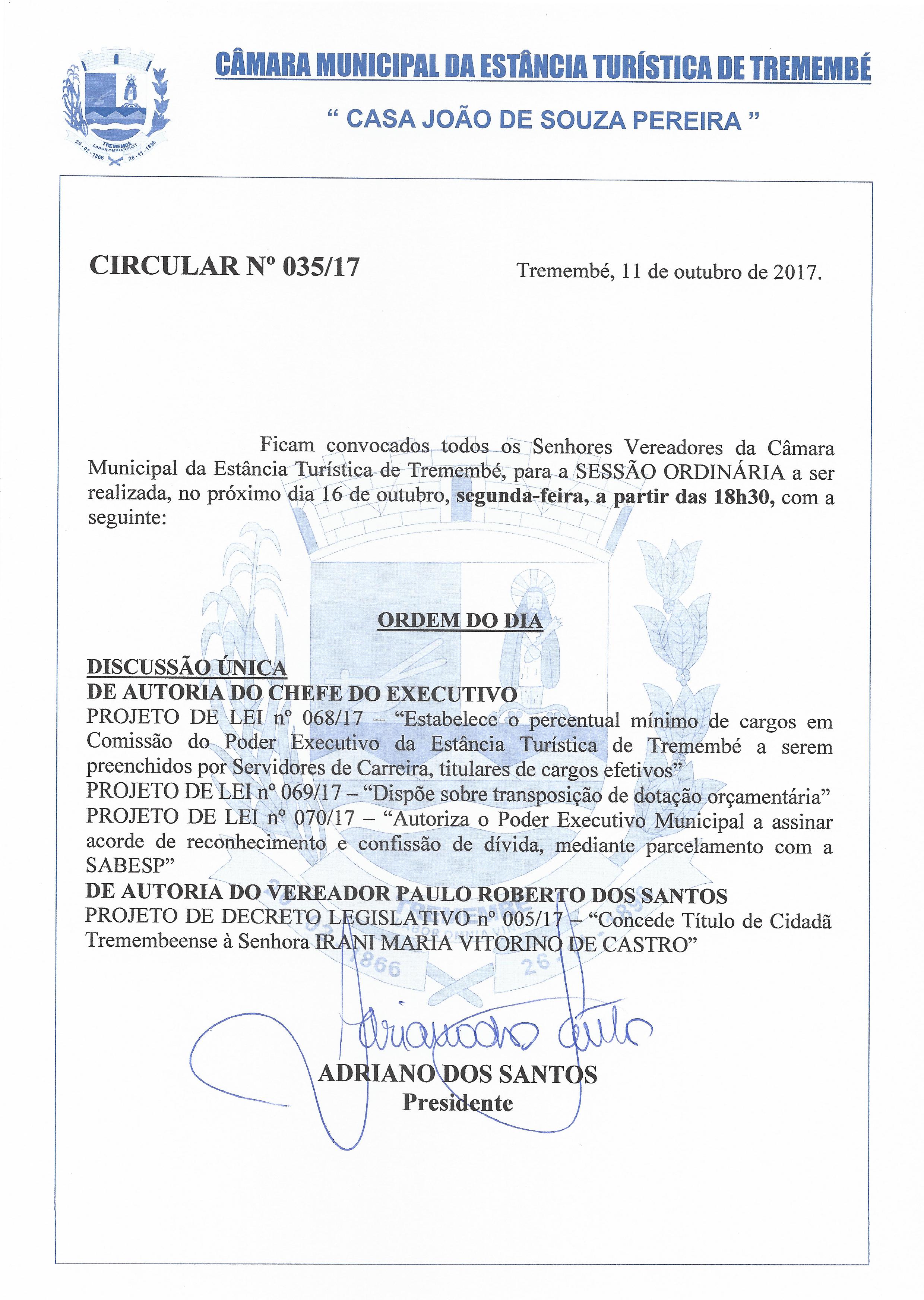 Pauta da 33° Sessão Ordinária - 16-10-2017