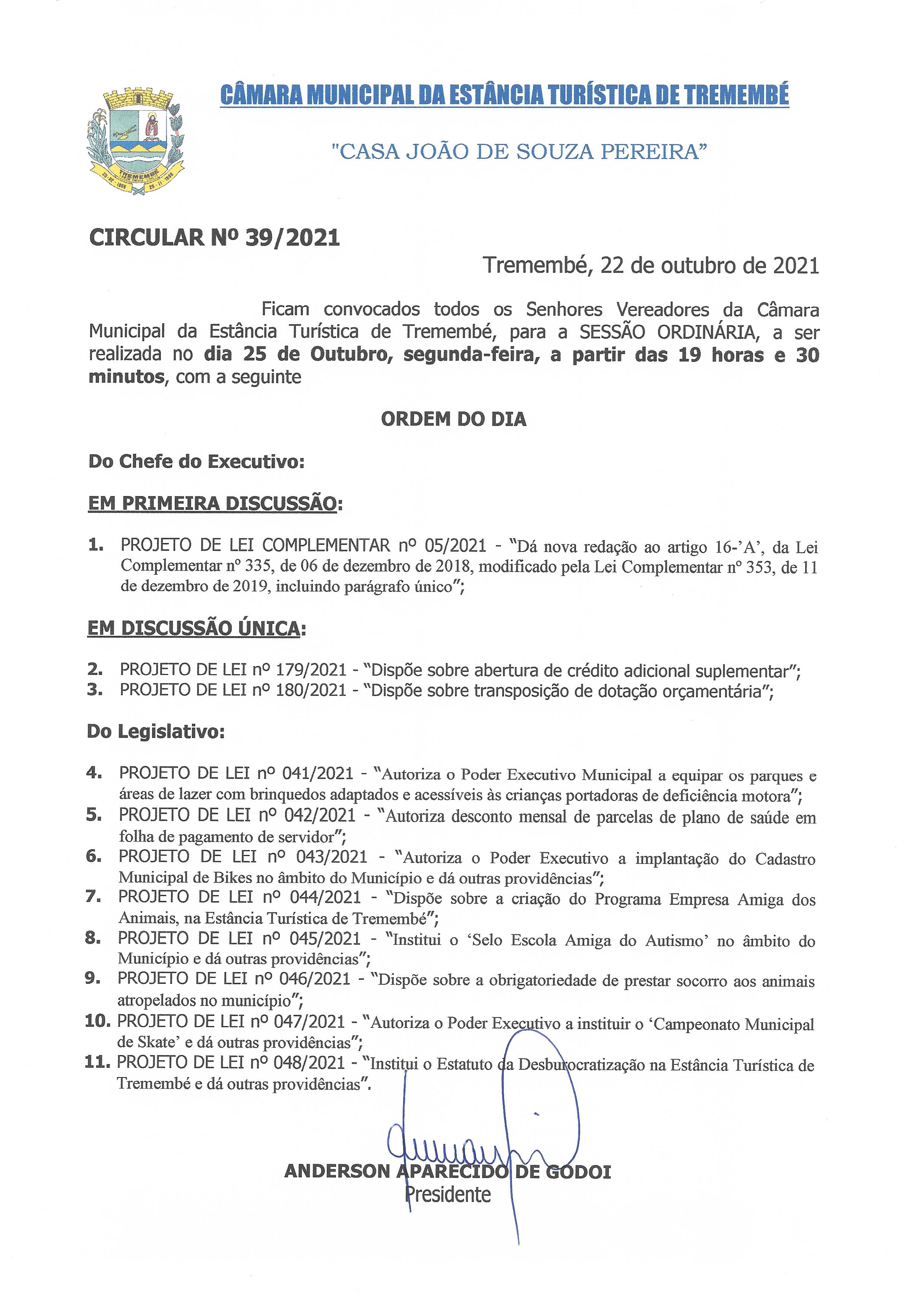 Pauta da 35ª Sessão Ordinária - 25-10-2021
