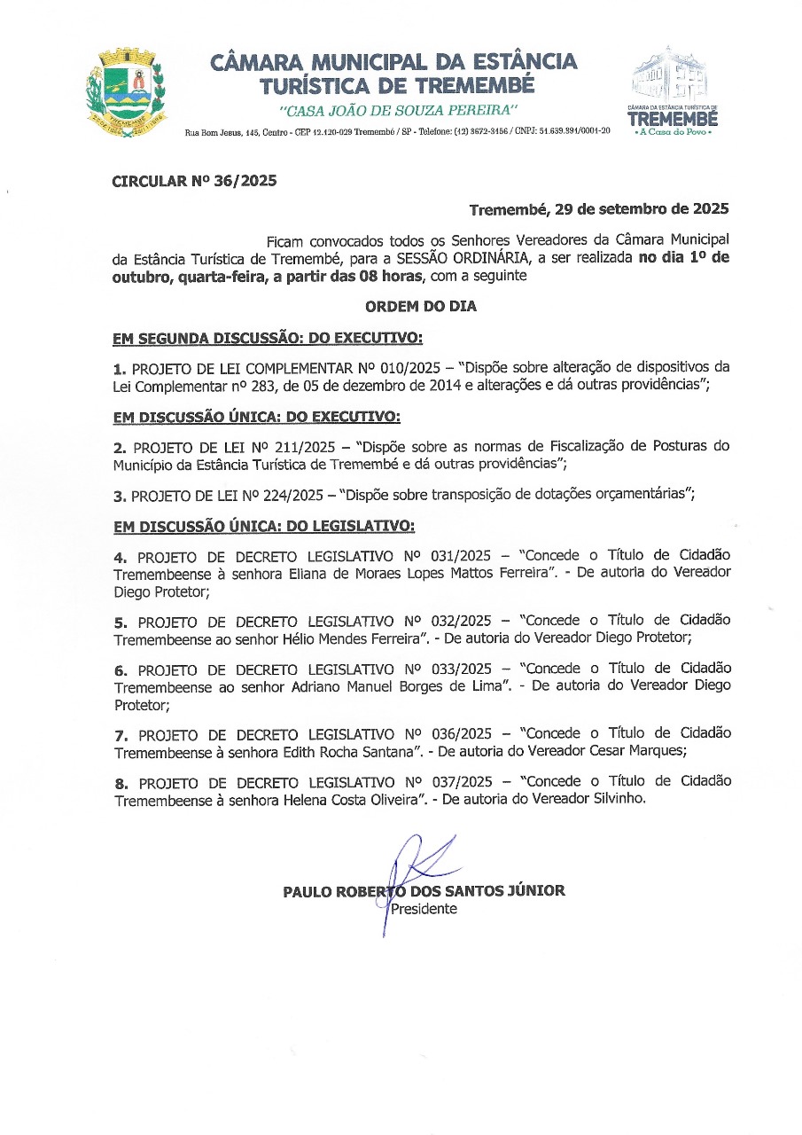Pauta da 36ª Sessão Ordinária - 01/10/2025