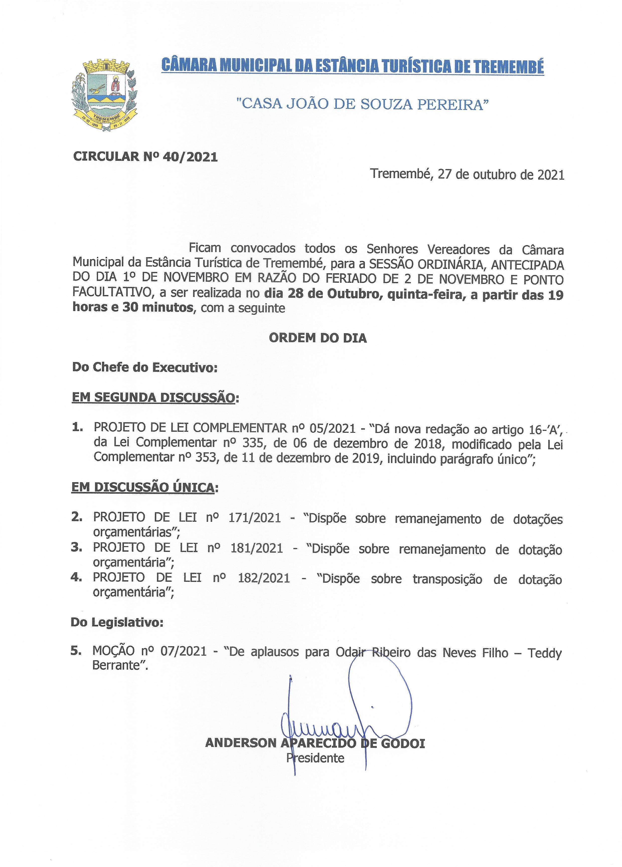 Pauta da 36ª Sessão Ordinária - 28-10-2021