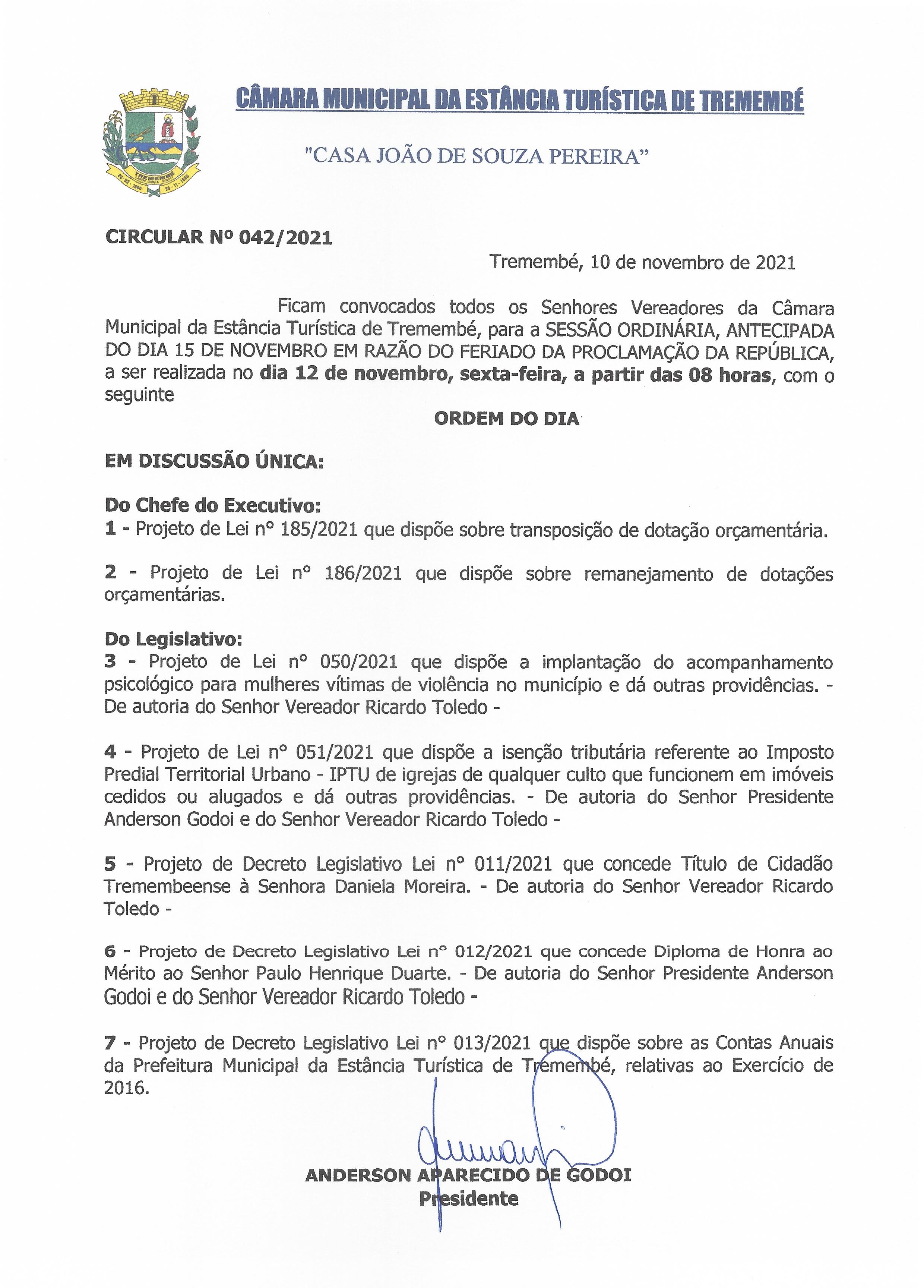 Pauta da 38ª Sessão Ordinária - 12-11-2021