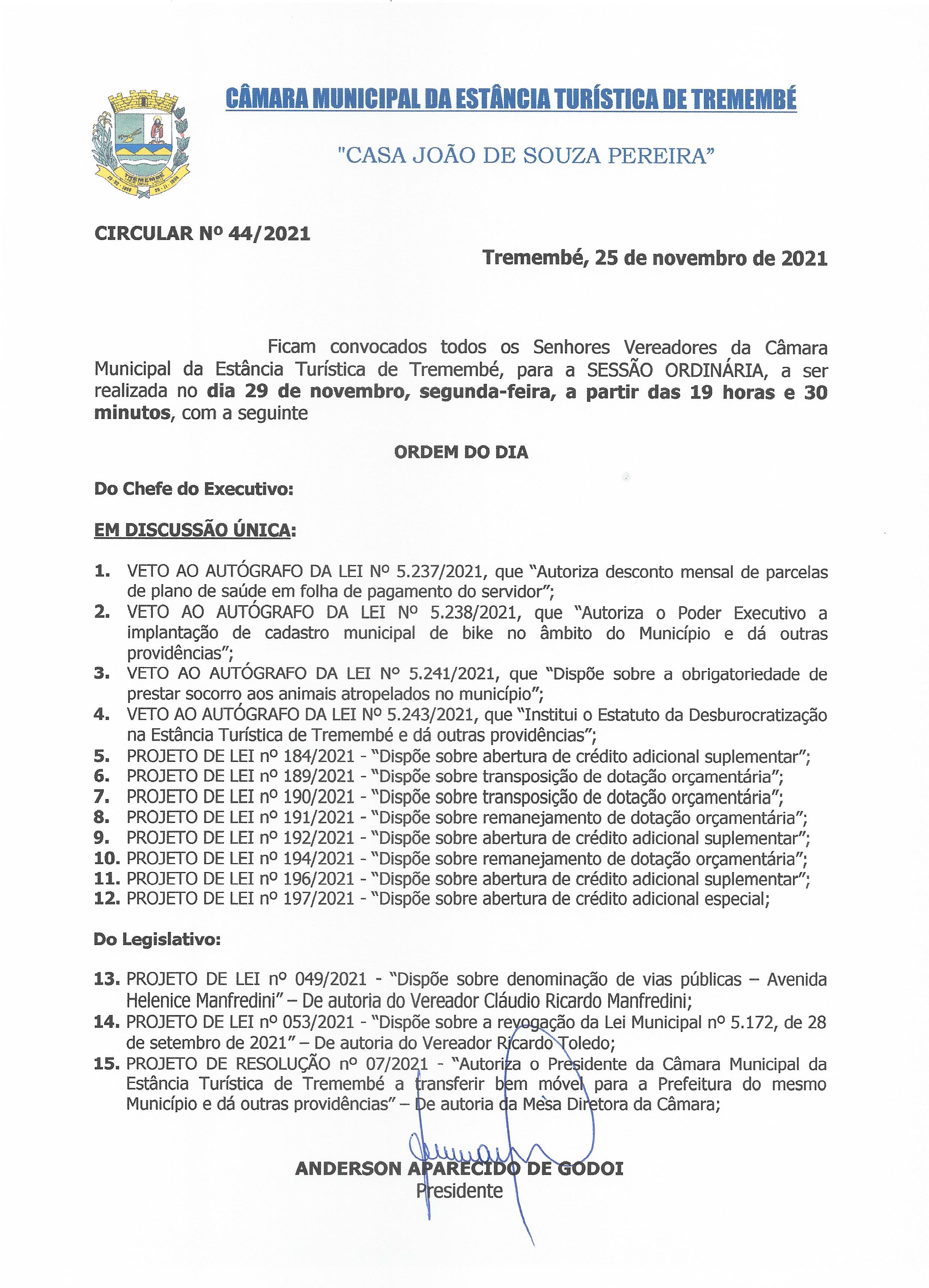 Pauta da 40ª Sessão Ordinária - 29/11/2021