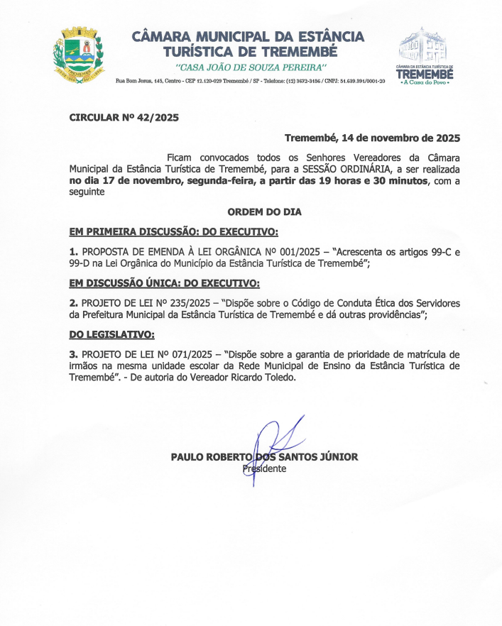 Pauta da 42ª Sessão Ordinária - 17/11/2025