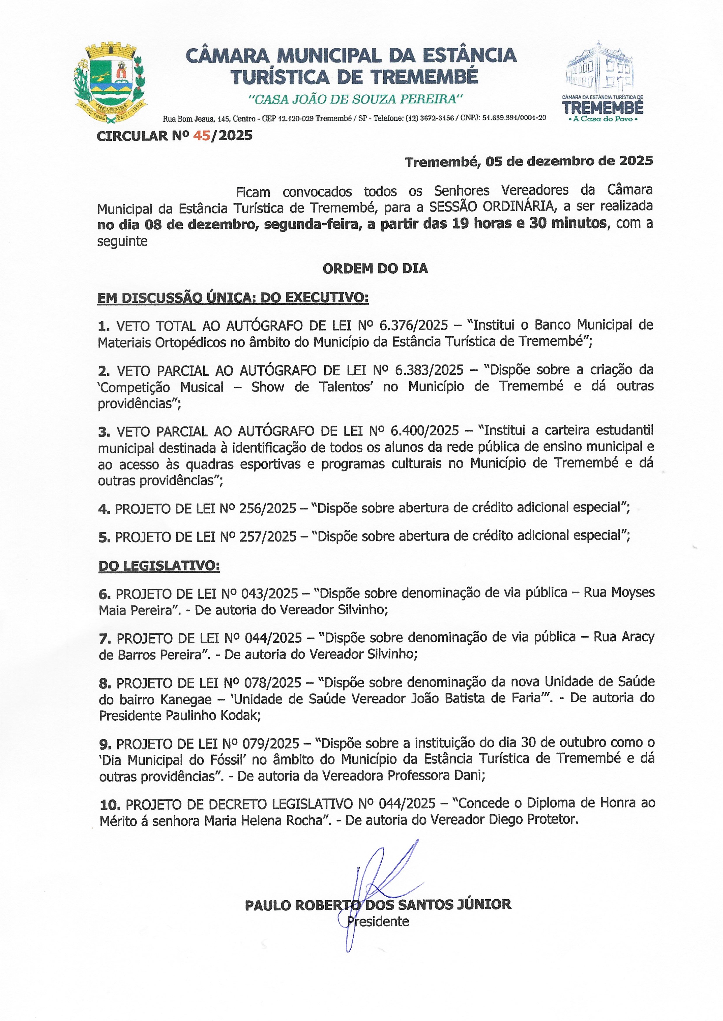 Pauta da 45ª Sessão Ordinária - 08/12/2025