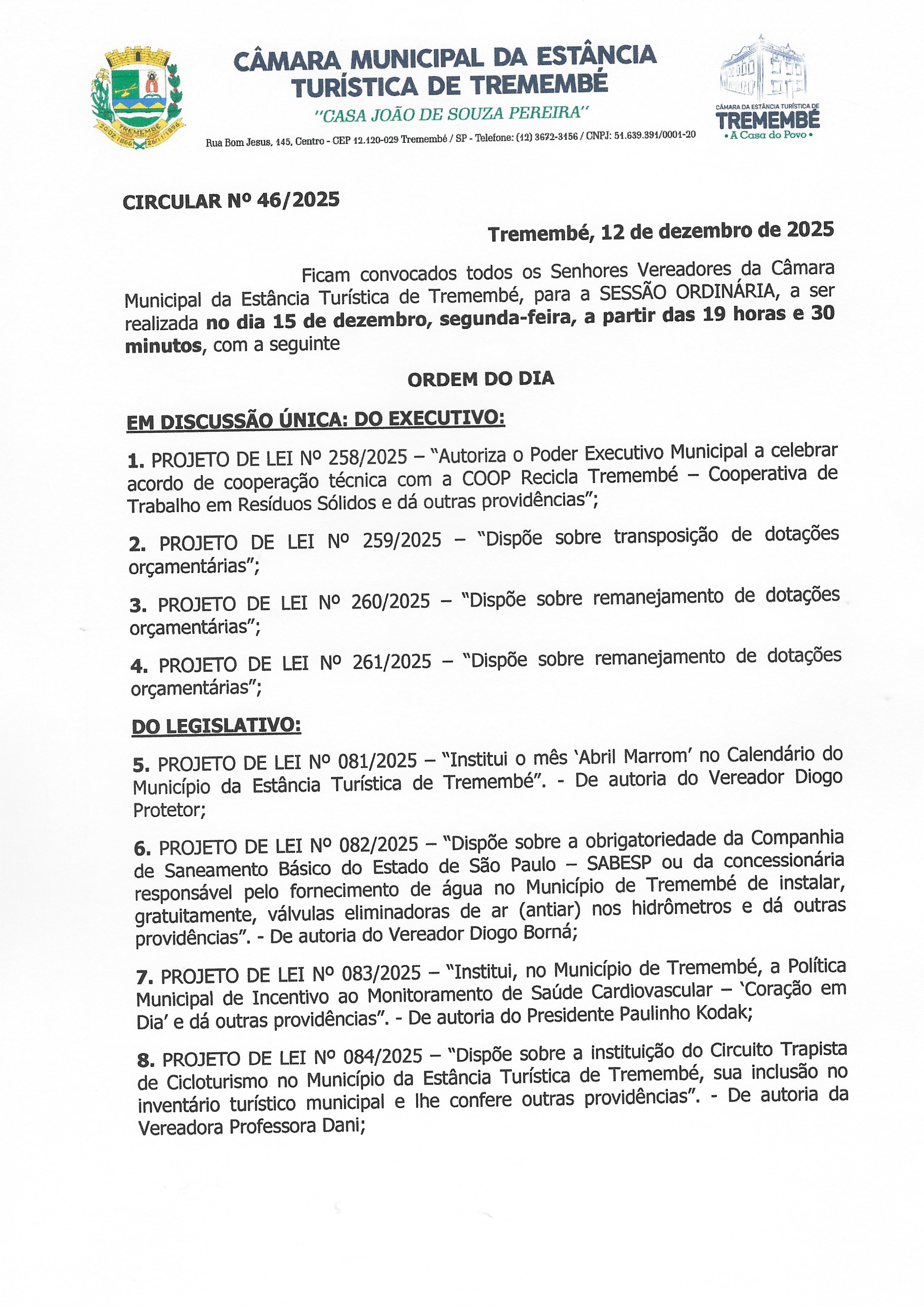 Pauta da 46ª Sessão Ordinária - 15/12/2025