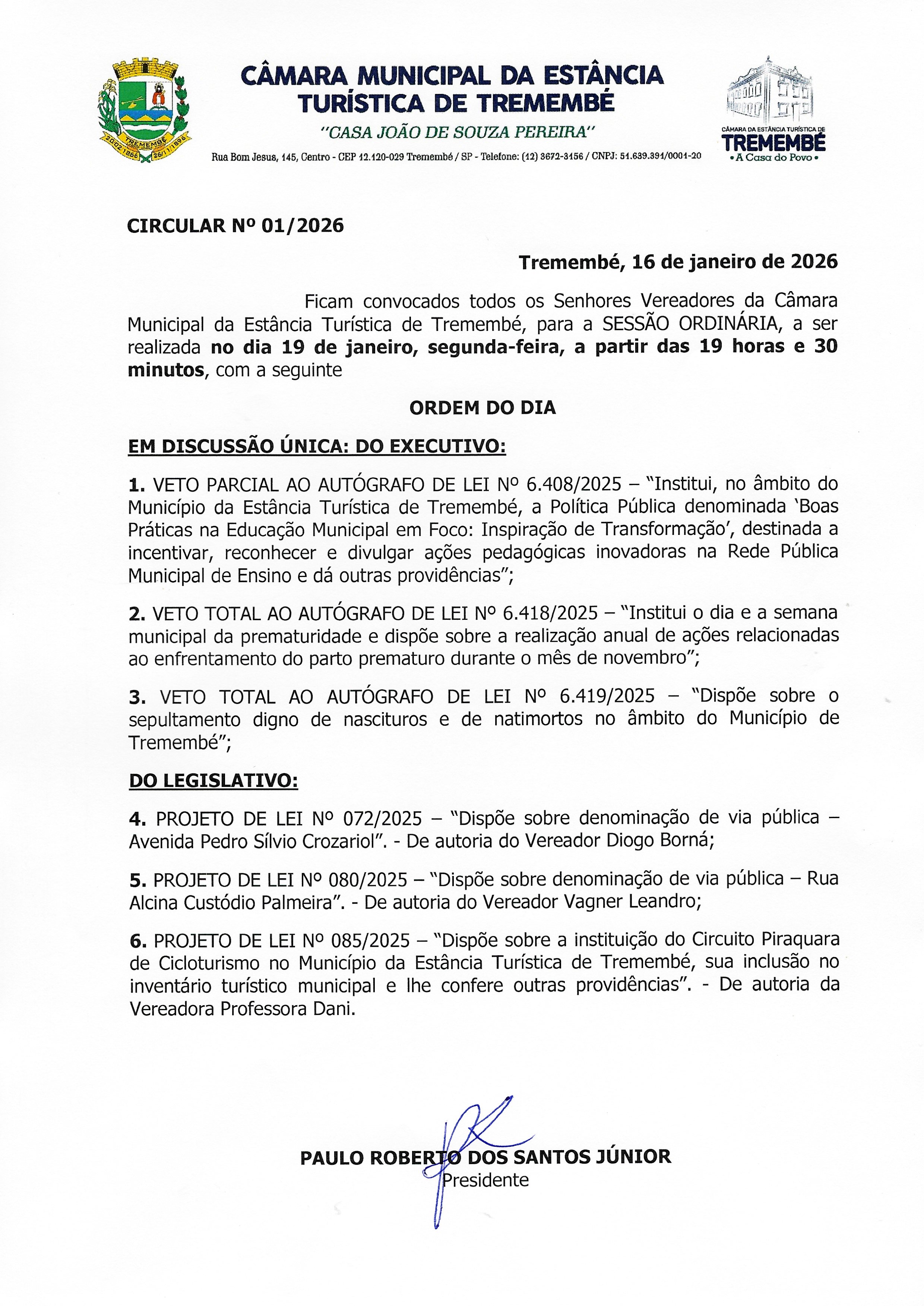 Pauta da 47ª Sessão Ordinária - 19/01/2026