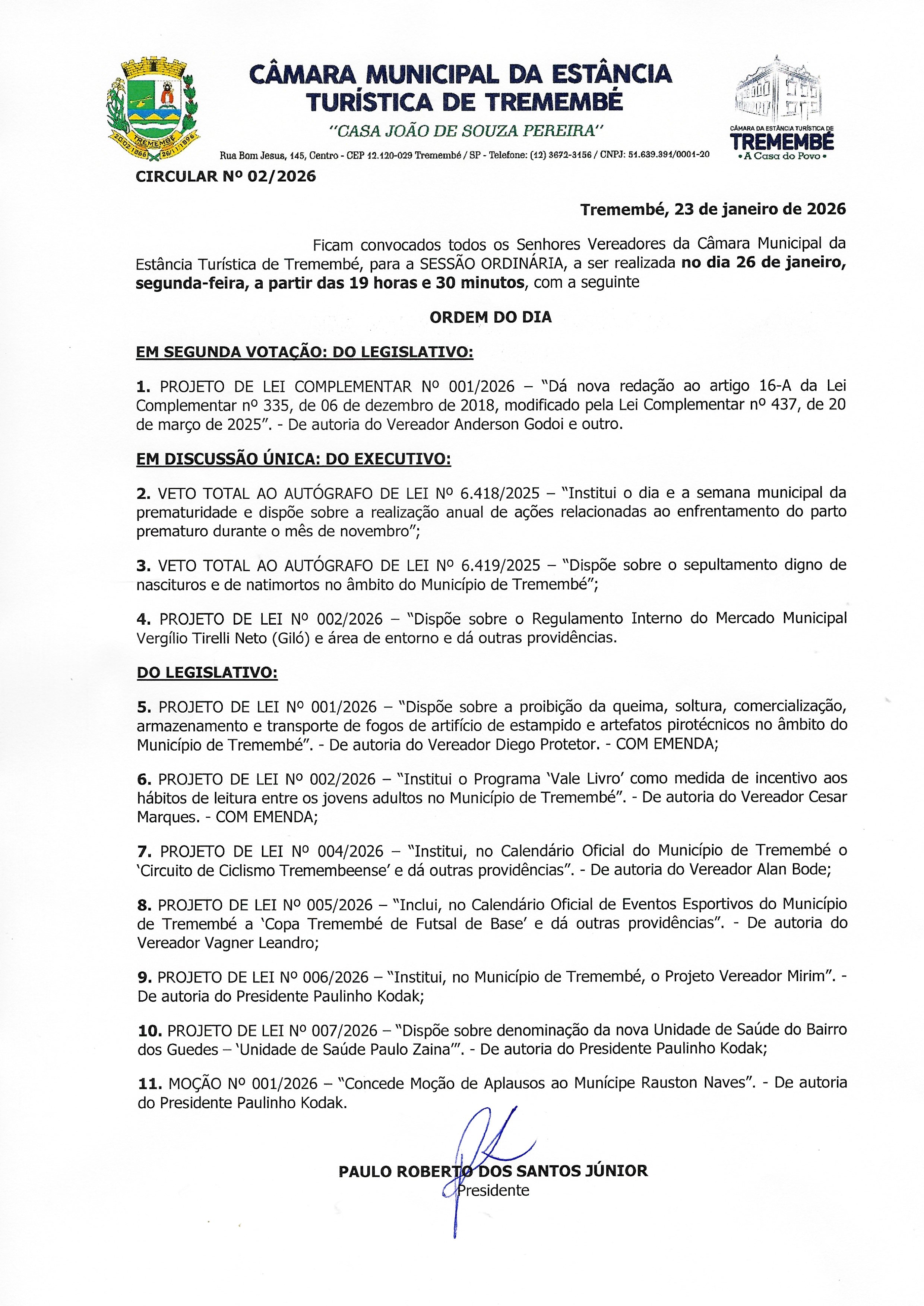 Pauta da 48ª Sessão Ordinária - 26/01/2026