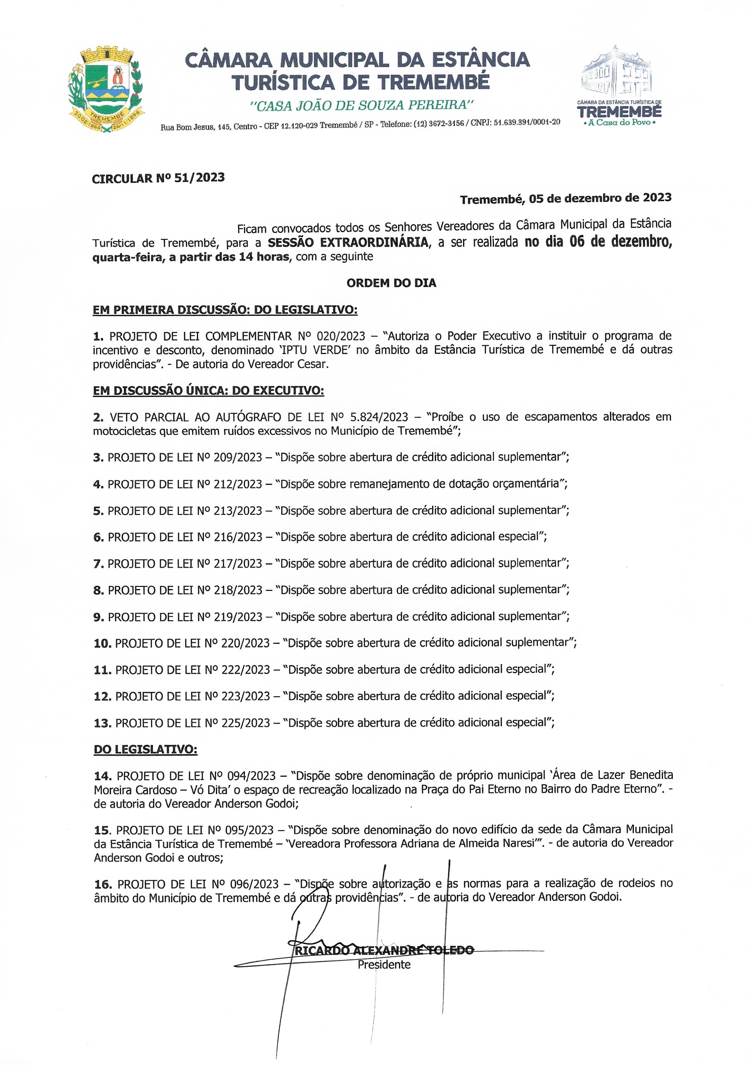 Pauta da 52ª Sessão Extraordinária - 06/12/2023