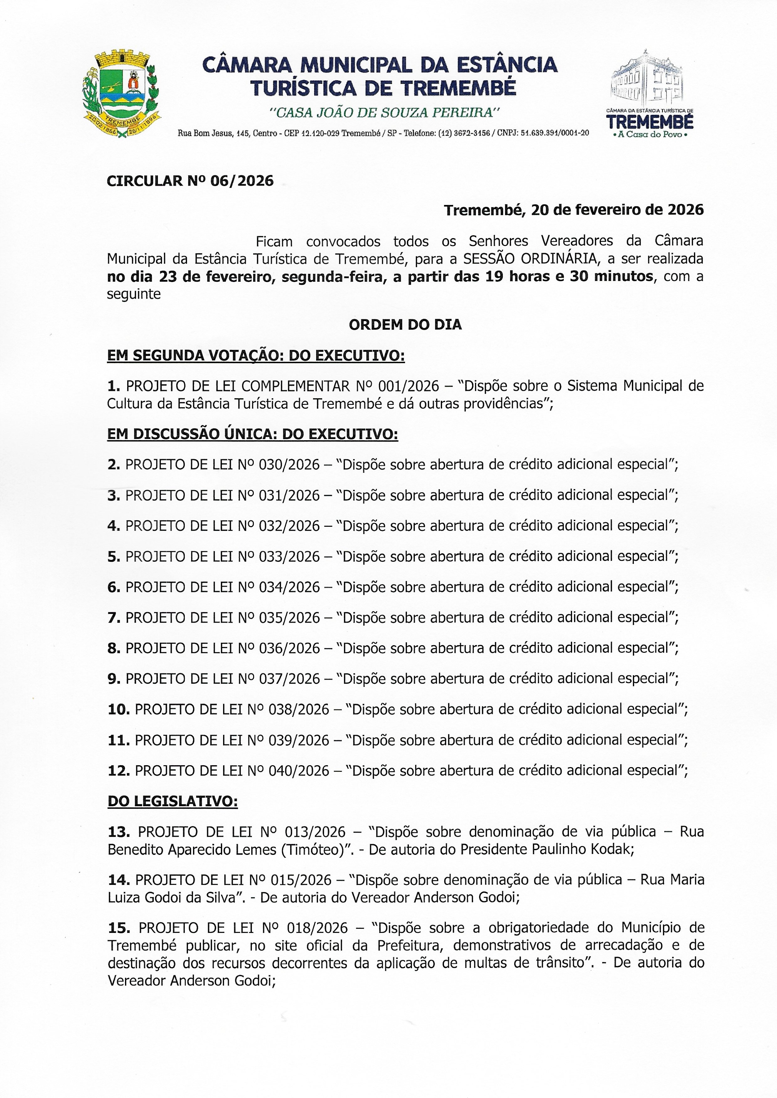 Pauta da 52ª Sessão Ordinária - 23/02/2026