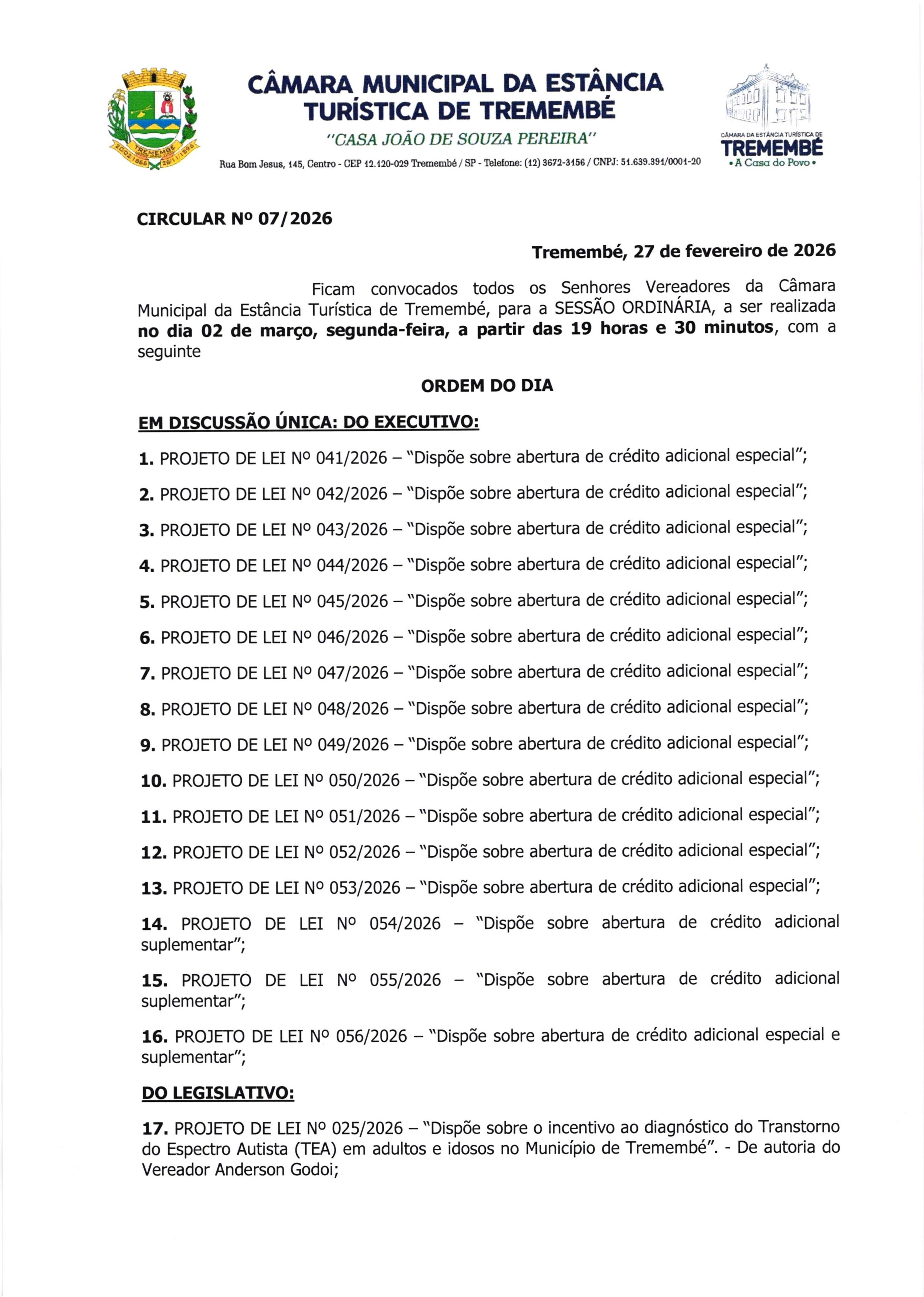 Pauta da 53ª Sessão Ordinária - 02/03/2026