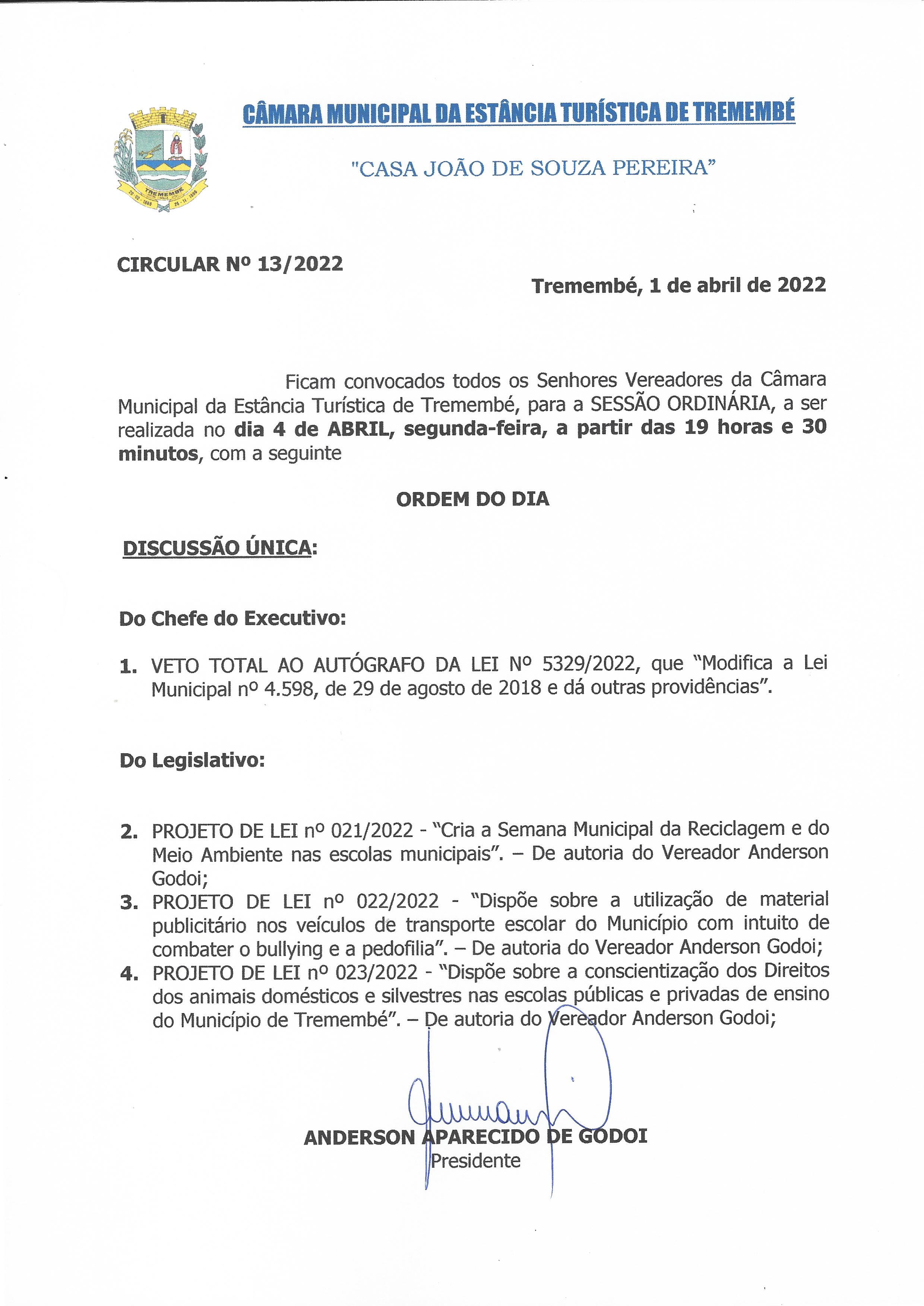 Pauta da 54ª Sessão Ordinária - 04/04/2022