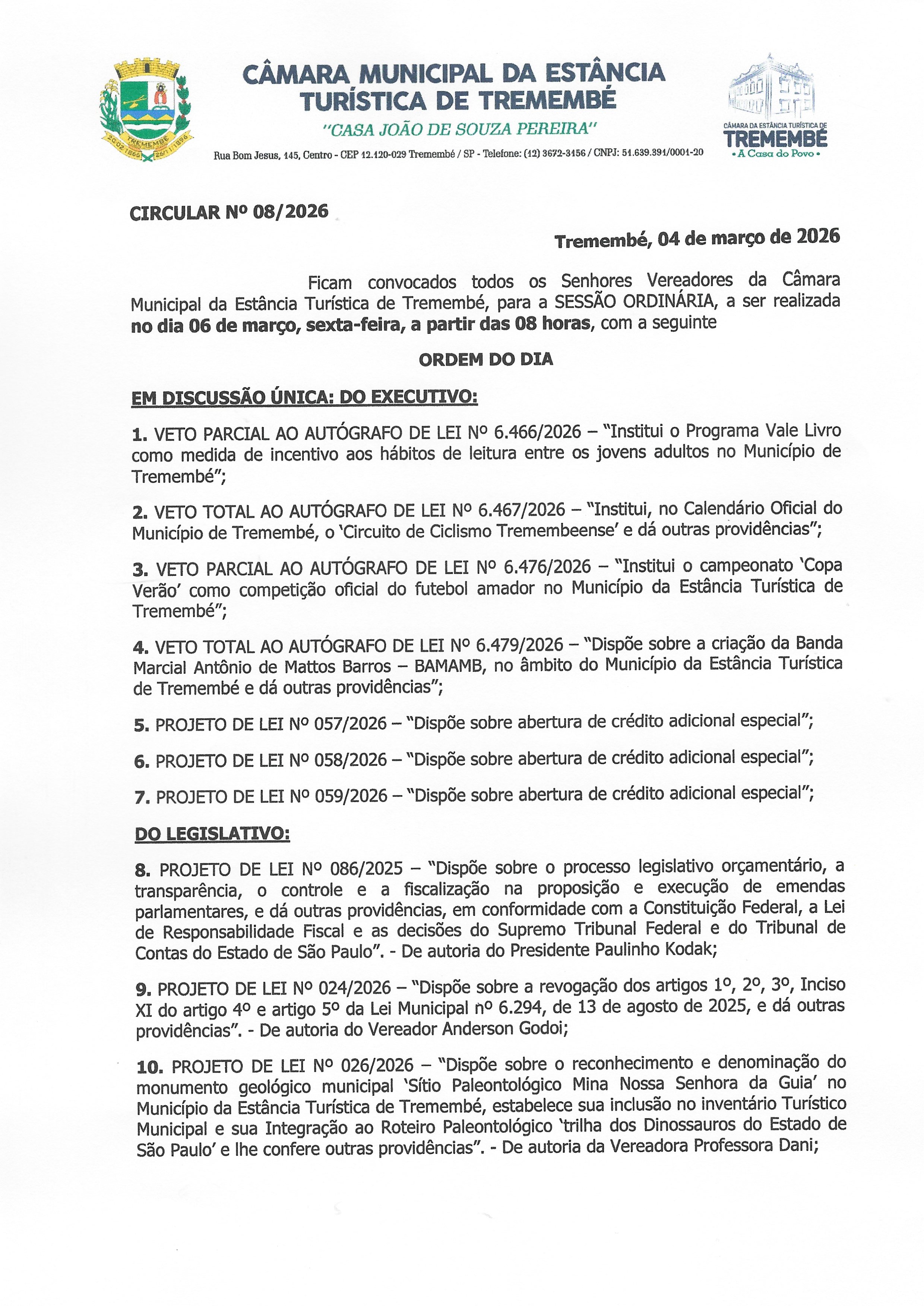 Pauta da 54ª Sessão Ordinária - 06/03/2026