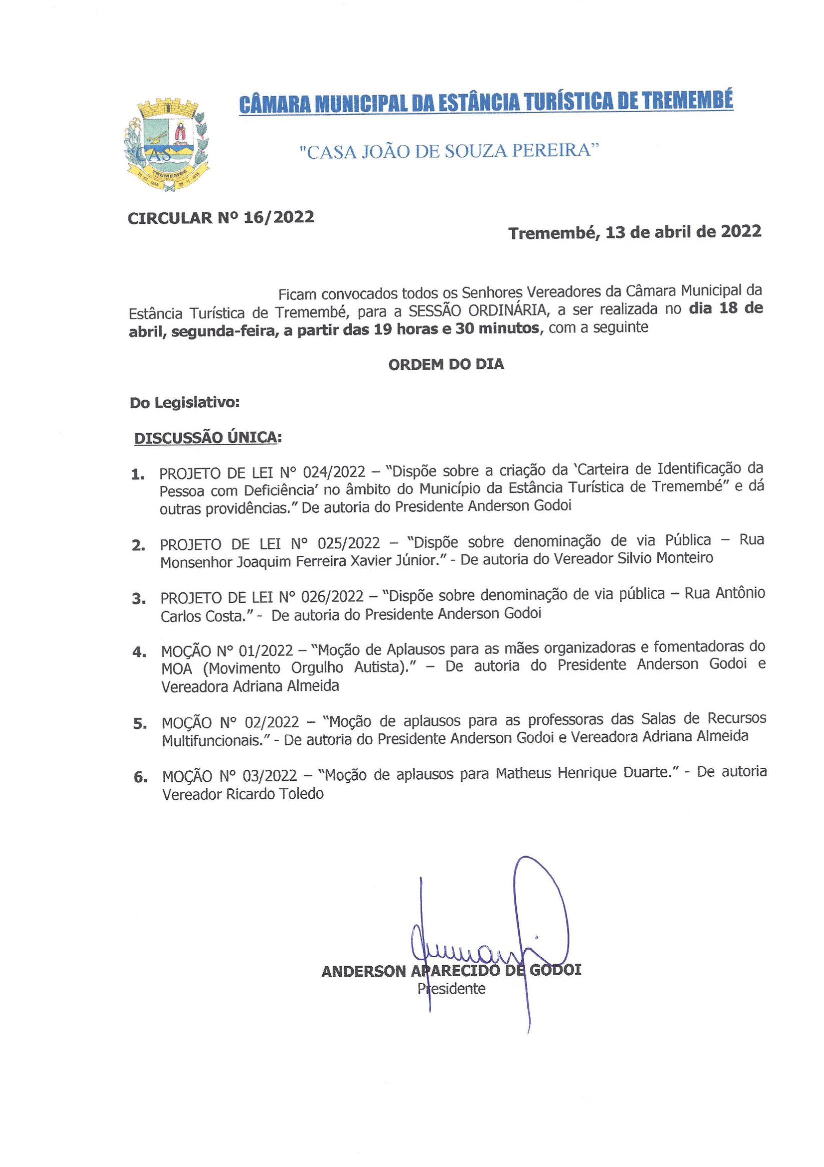 Pauta da 56ª Sessão Ordinária - 18/04/2022