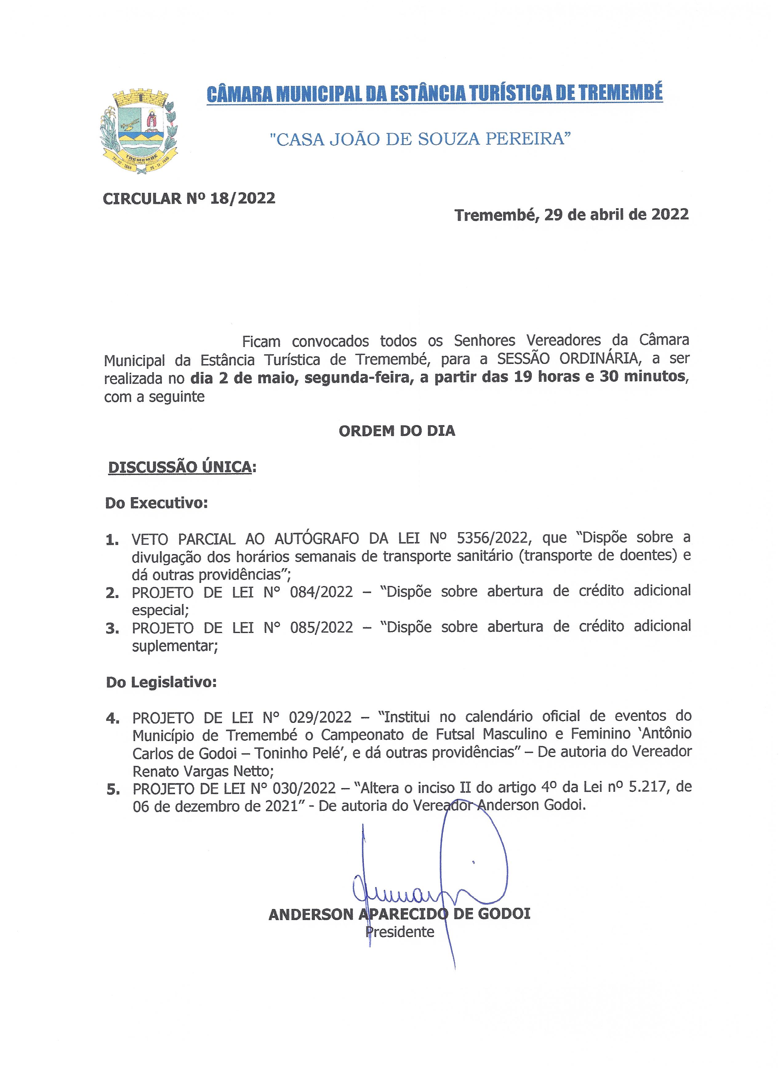 Pauta da 58ª Sessão Ordinária - 02-05-2022