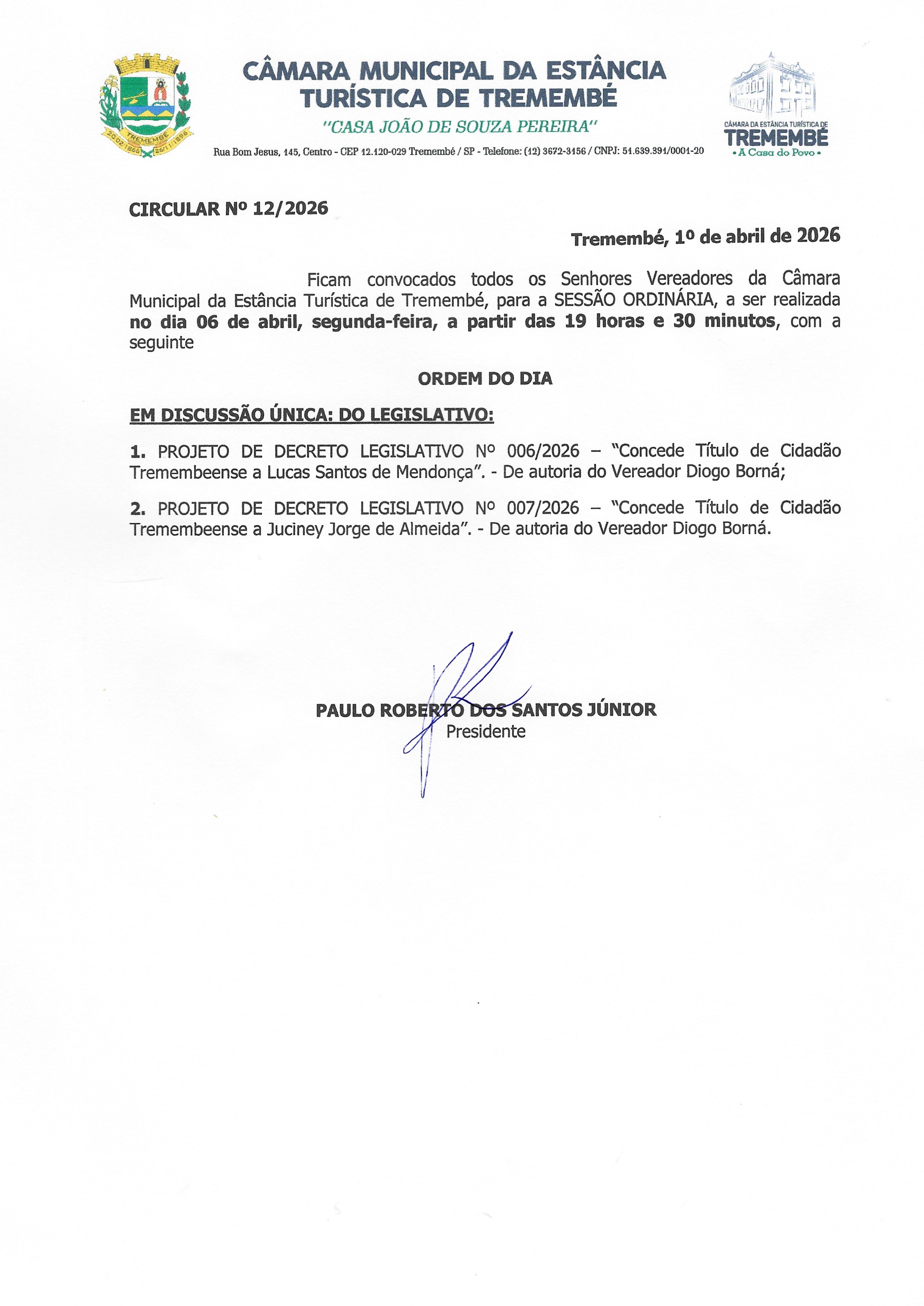 Pauta da 58ª Sessão Ordinária - 06/04/2026