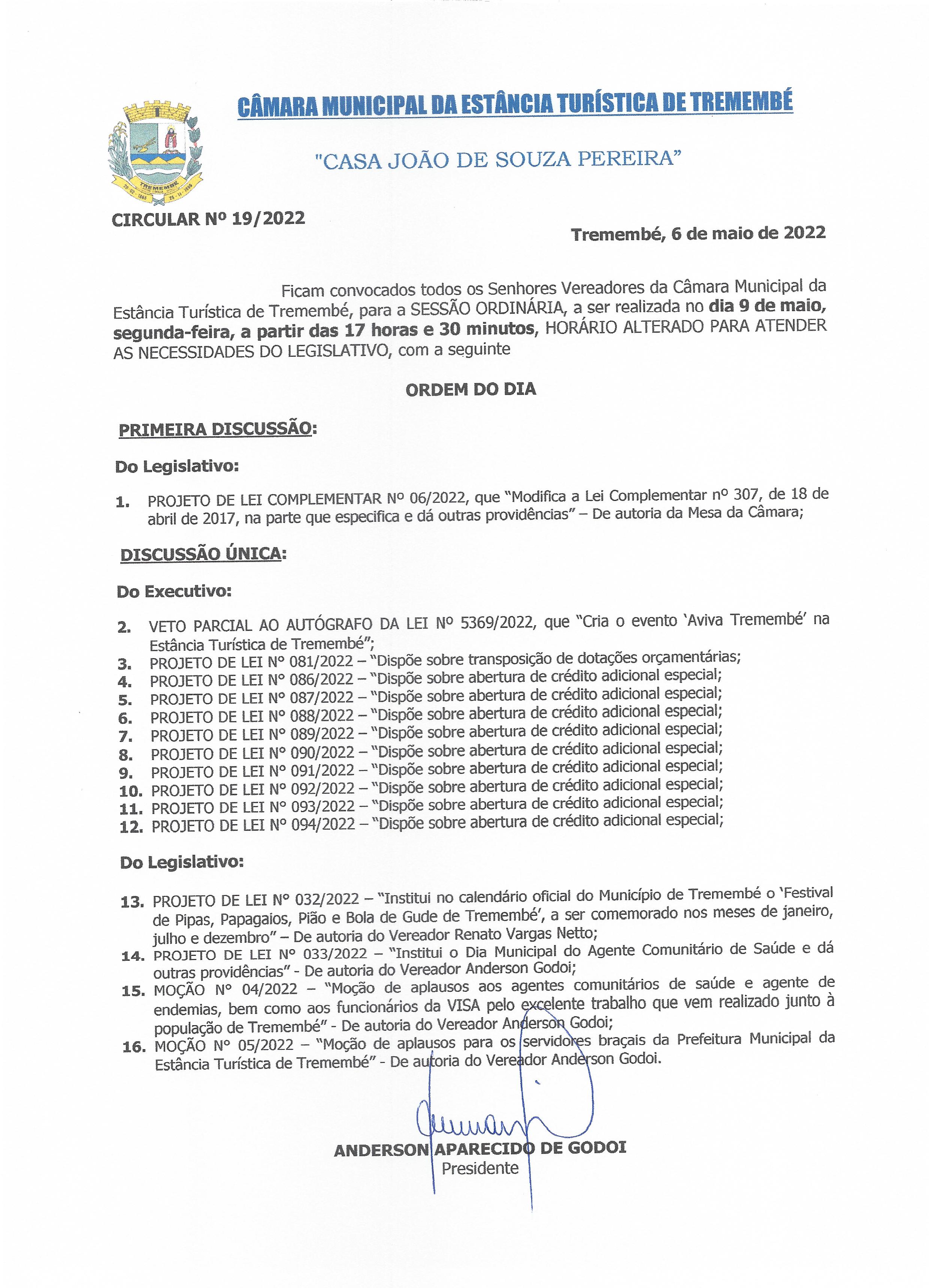 Pauta da 59ª Sessão Ordinária - 09/05/2022