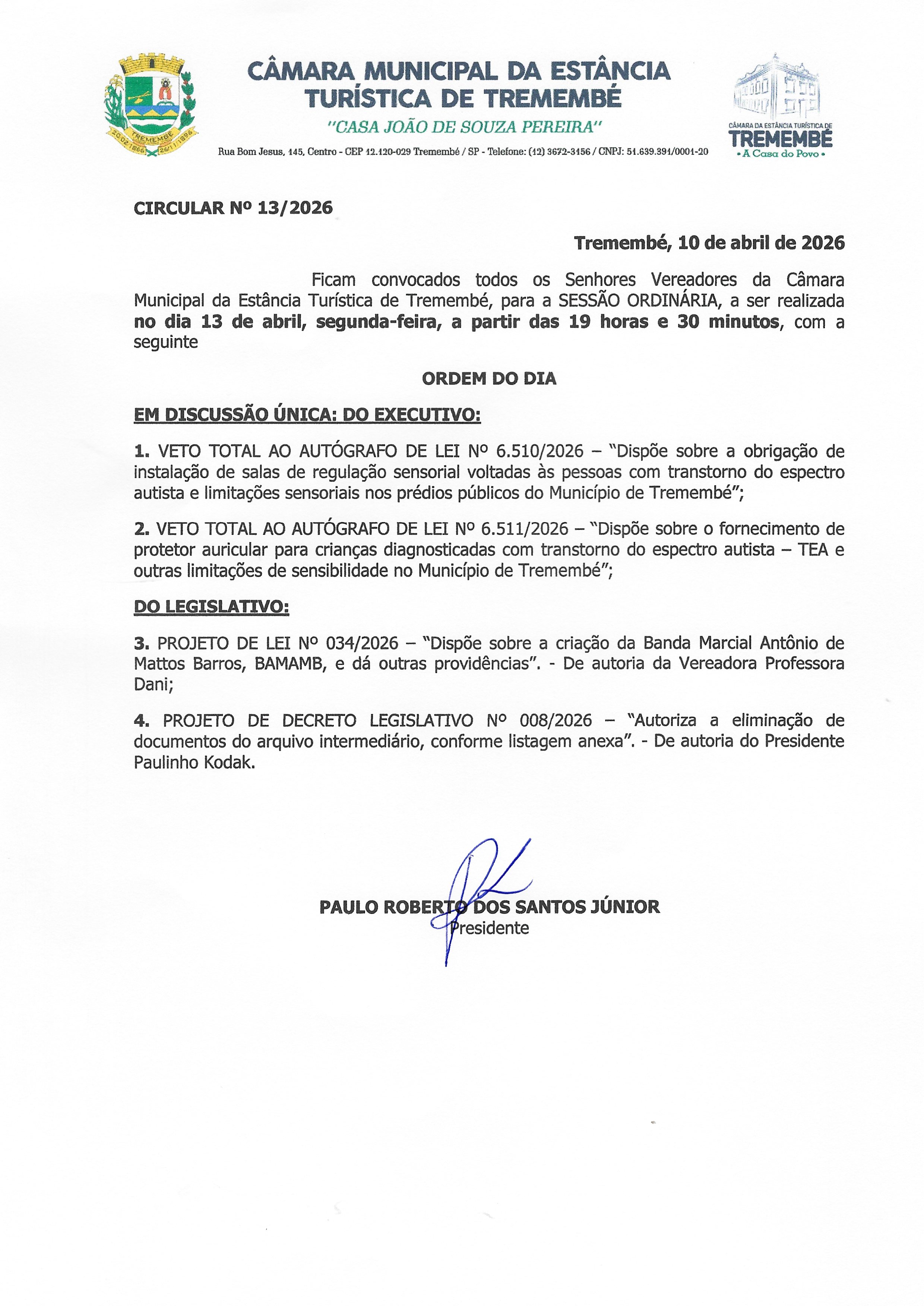 Pauta da 59ª Sessão Ordinária - 13/04/2026