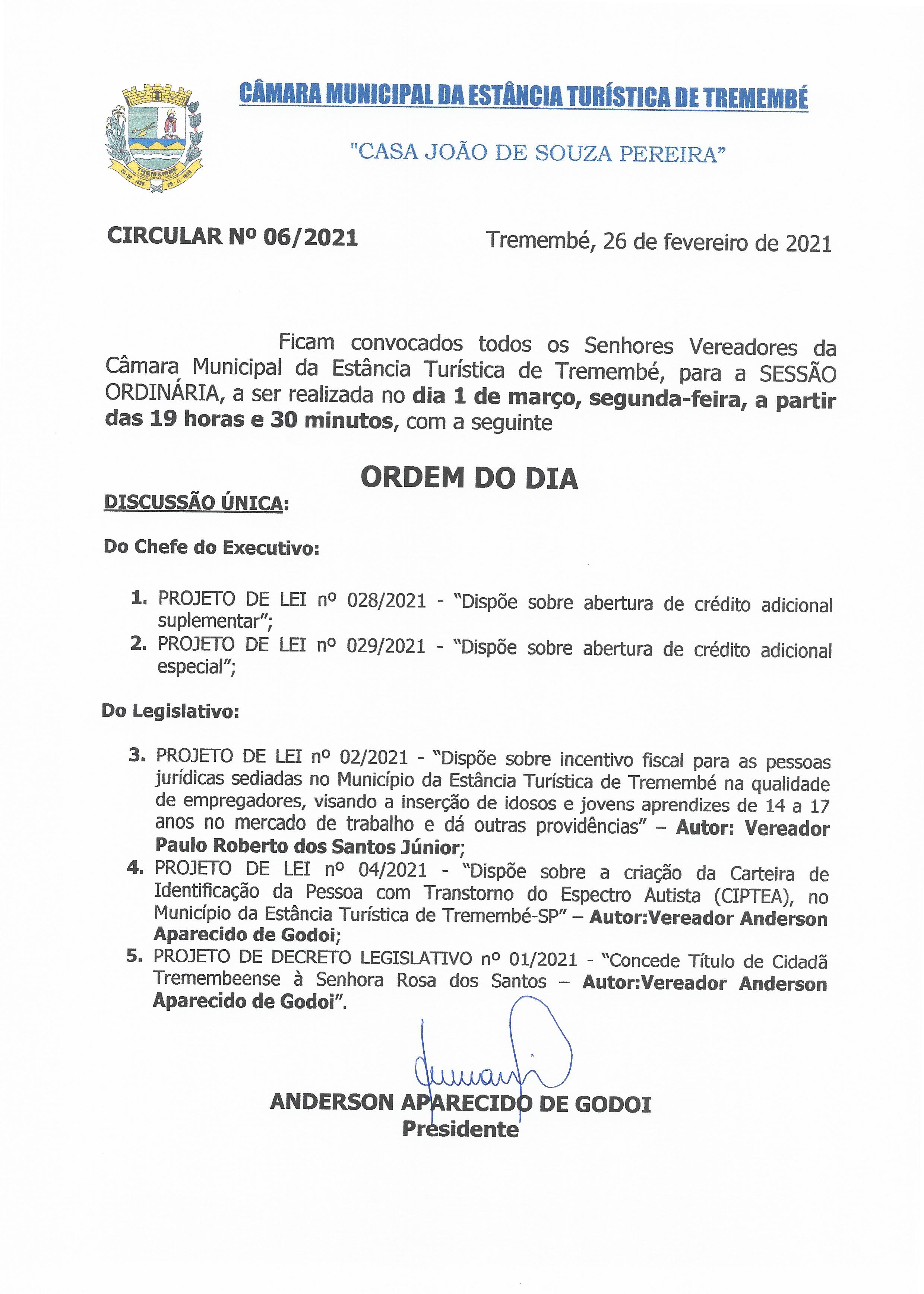 Pauta da 5° Sessão Ordinária - 01-03-2021