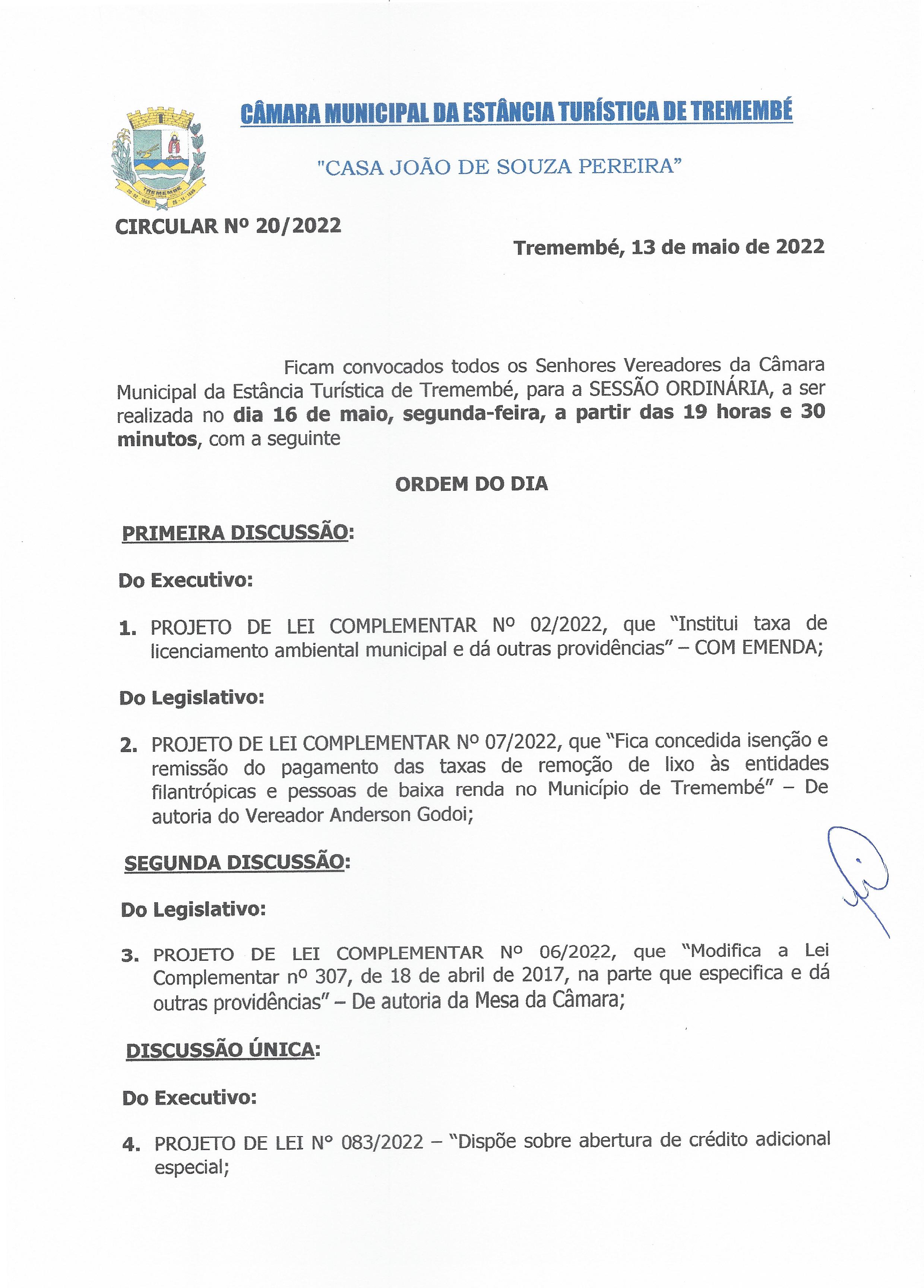 Pauta da 60ª Sessão Ordinária - 16/05/2022