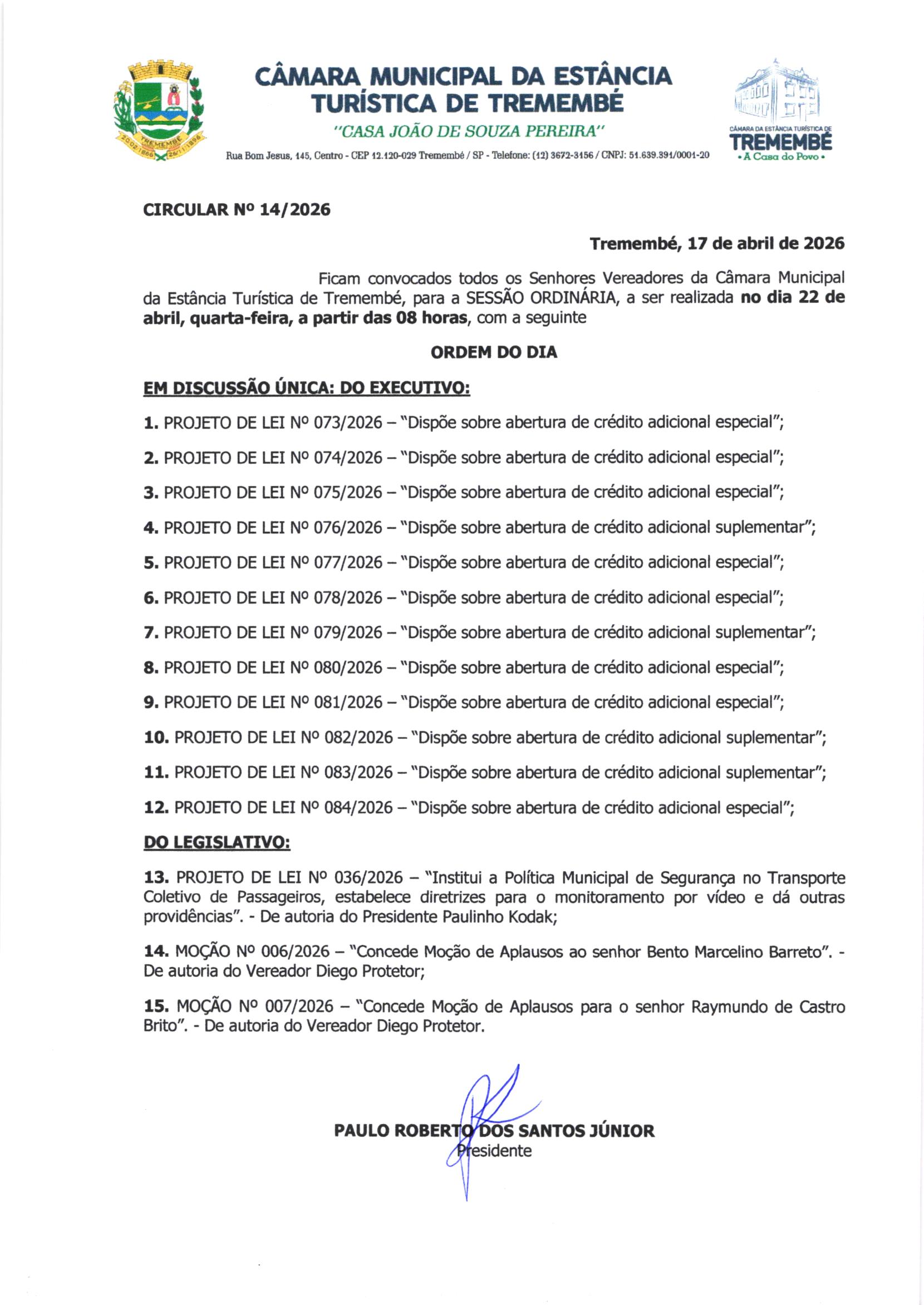 Pauta da 60ª Sessão Ordinária - 22/04/2026