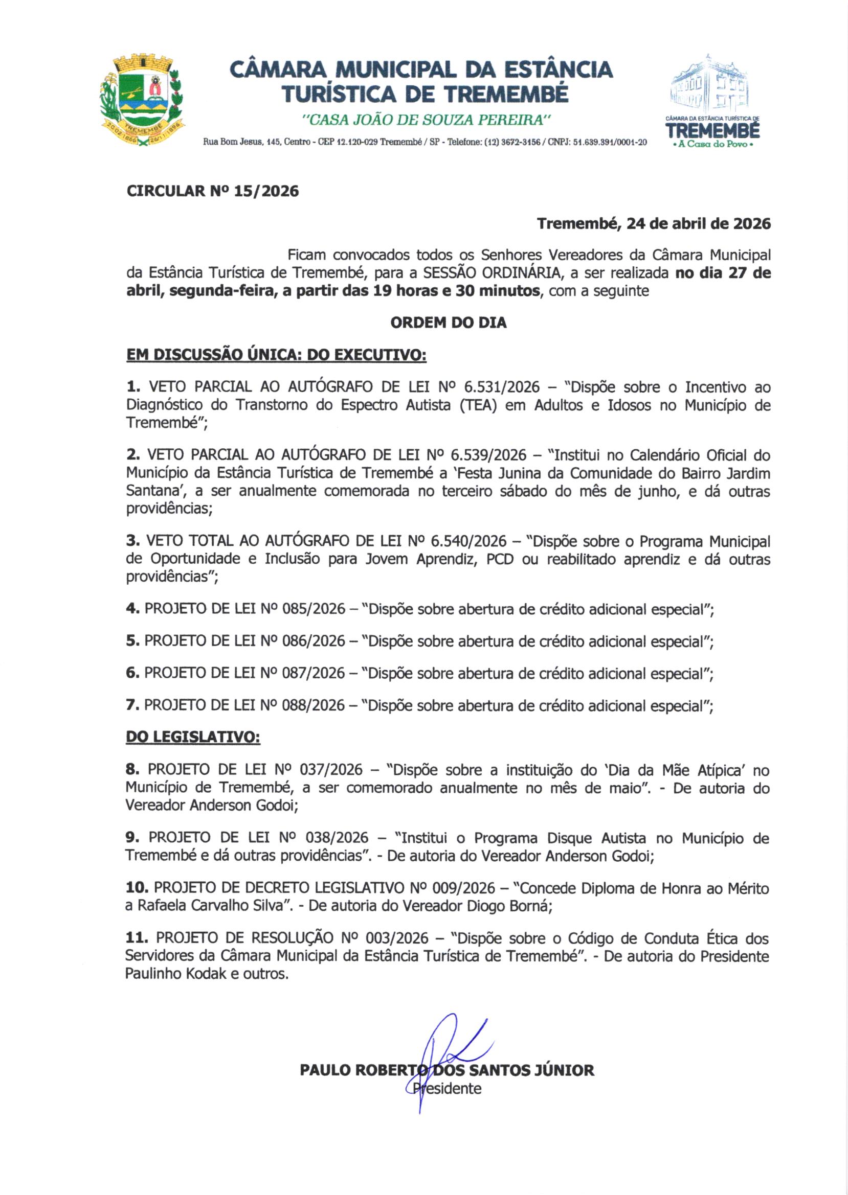 Pauta da 61ª Sessão Ordinária - 27/04/2026