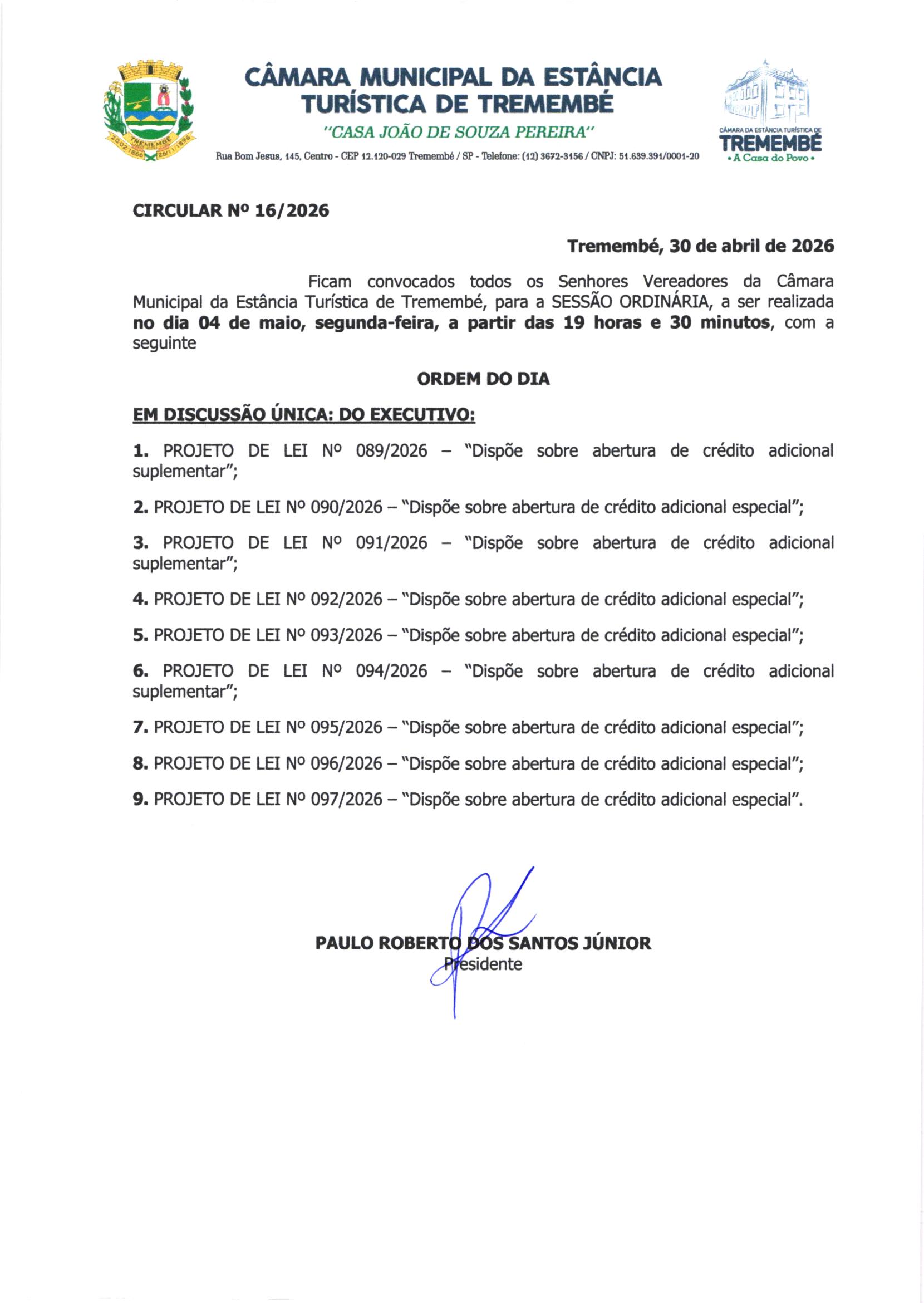 Pauta da 62ª Sessão Ordinária - 04/05/2026