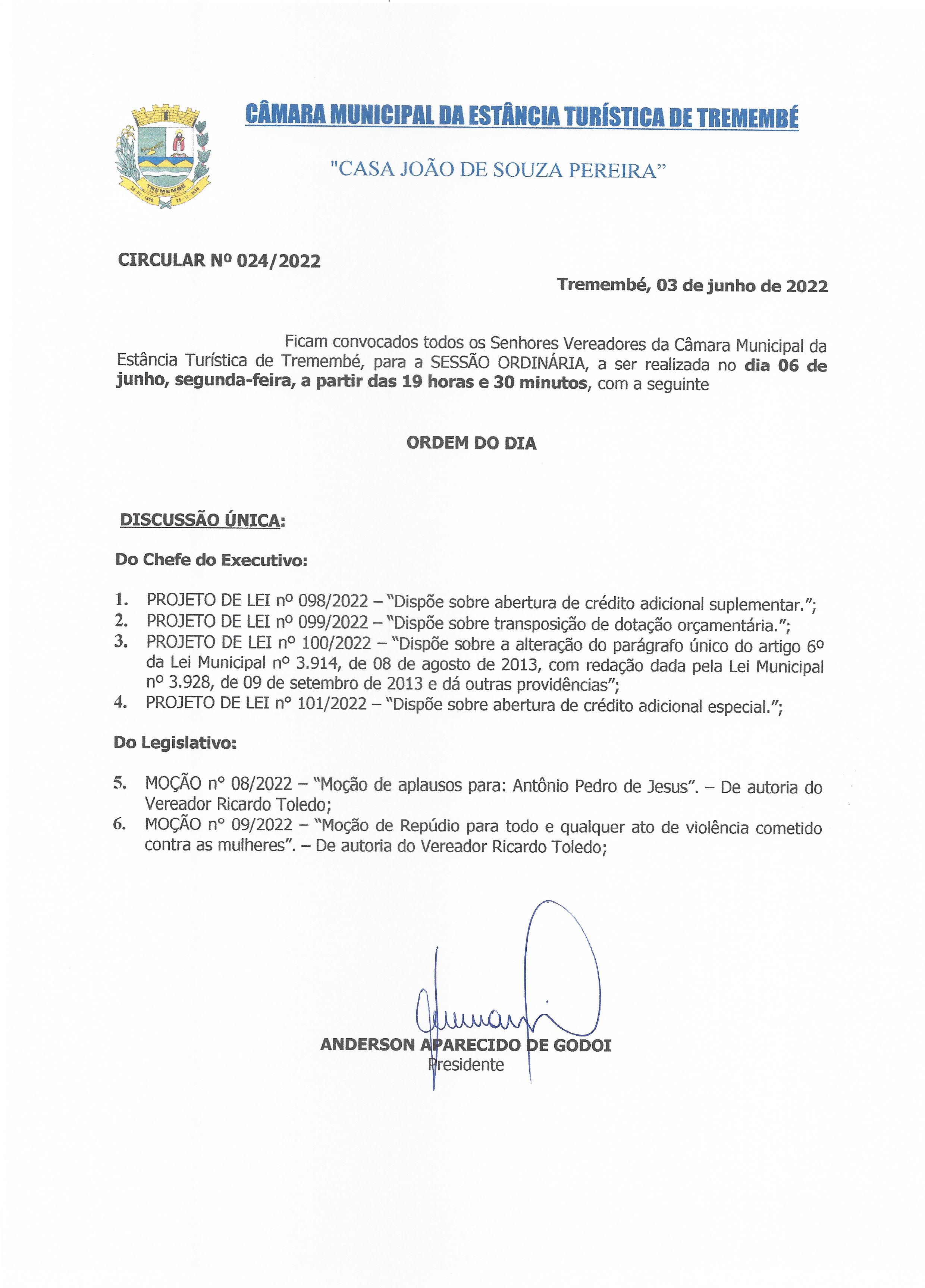 Pauta da 63ª Sessão Ordinária - 06/06/2022