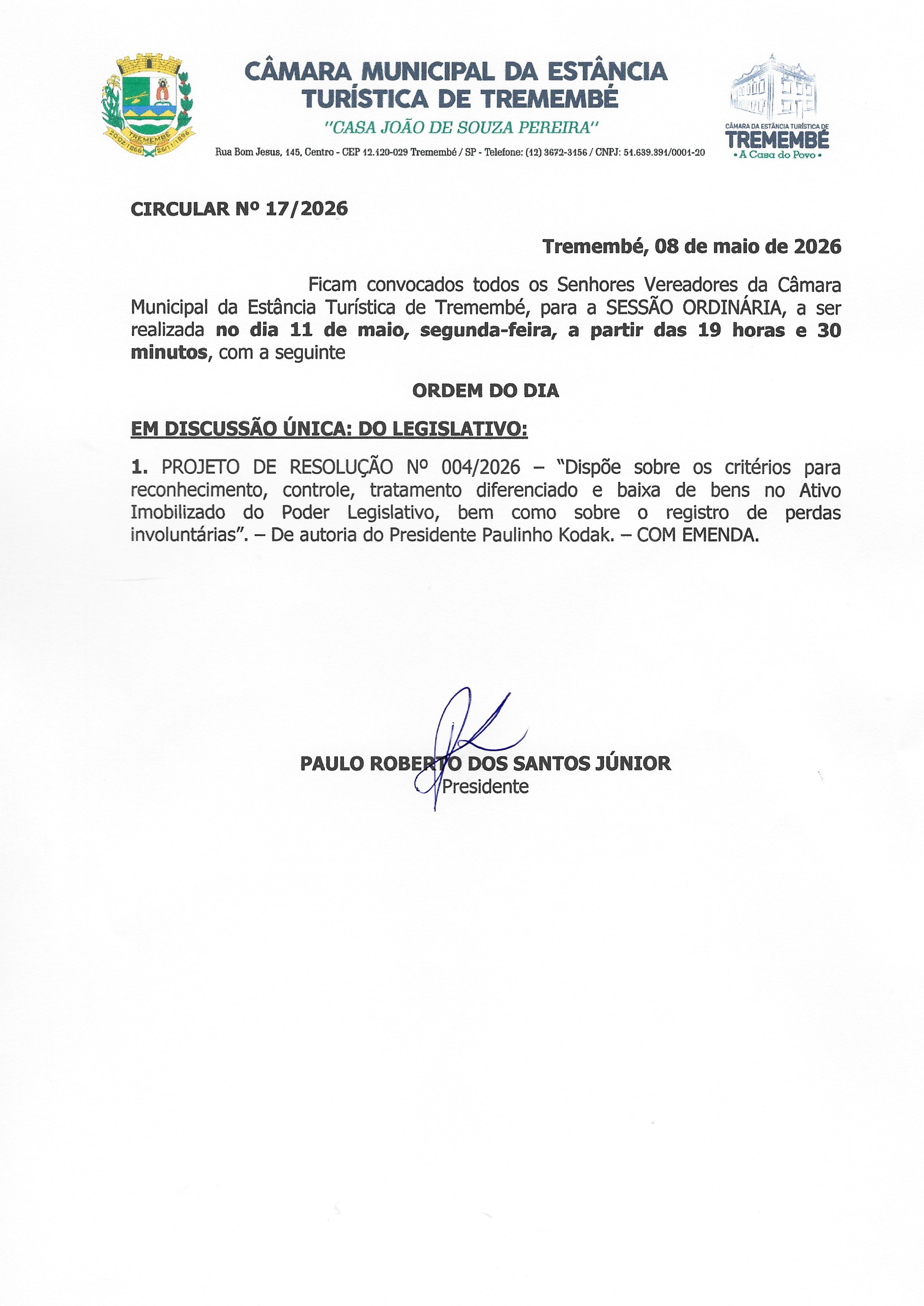 Pauta da 63ª Sessão Ordinária - 11/05/2026