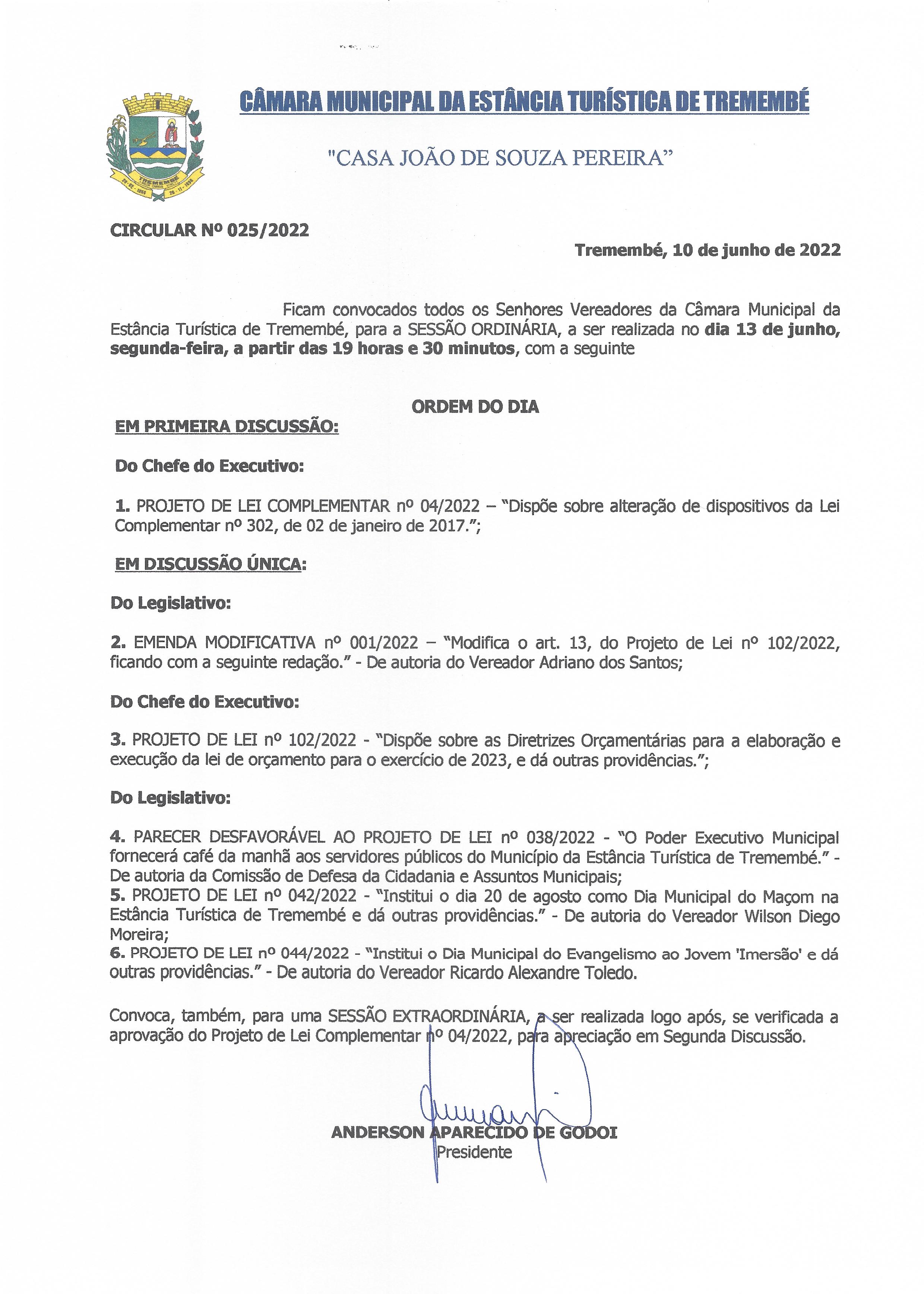 Pauta da 64ª Sessão Ordinária - 13/06/2022