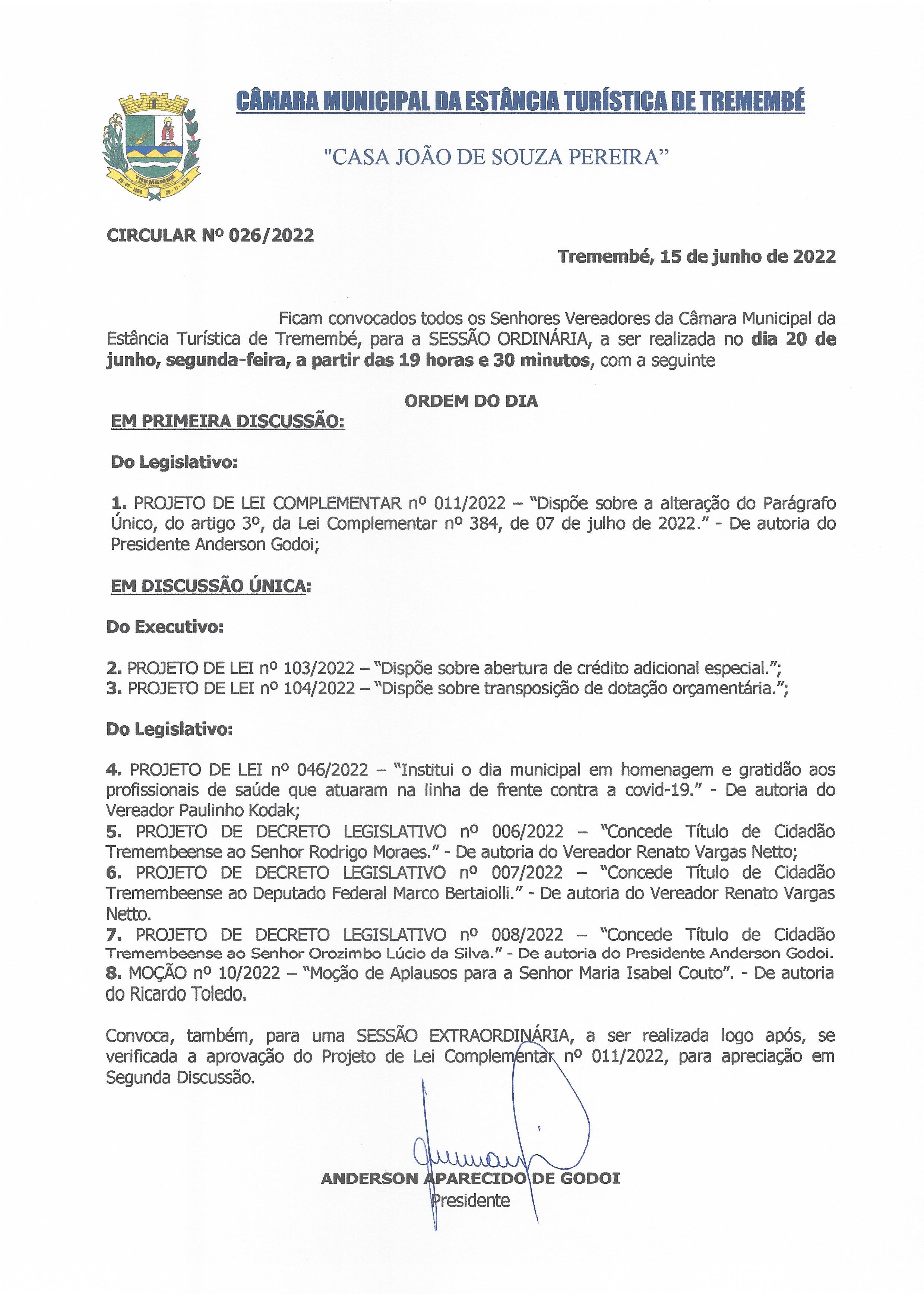 Pauta da 65ª Sessão Ordinária - 20-06-2022