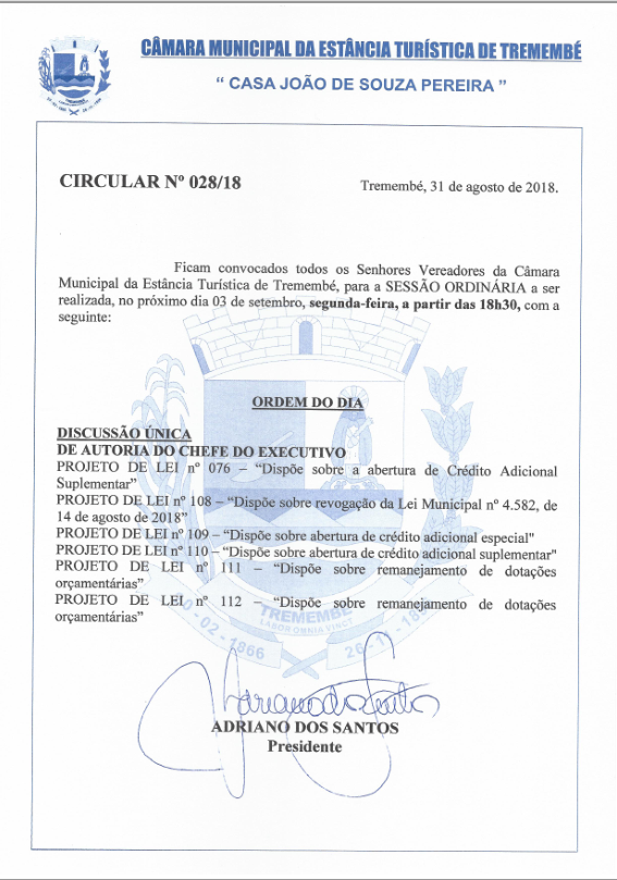 Pauta da 67ª Sessão Ordinária - 03/09/2017