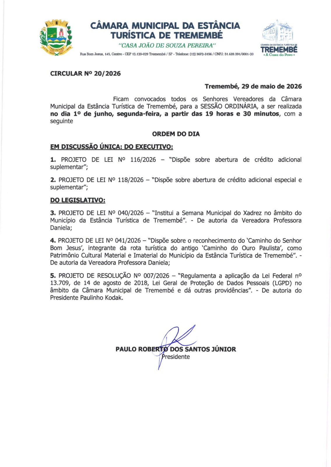 Pauta da 66ª Sessão Ordinária - 1º/06/2026