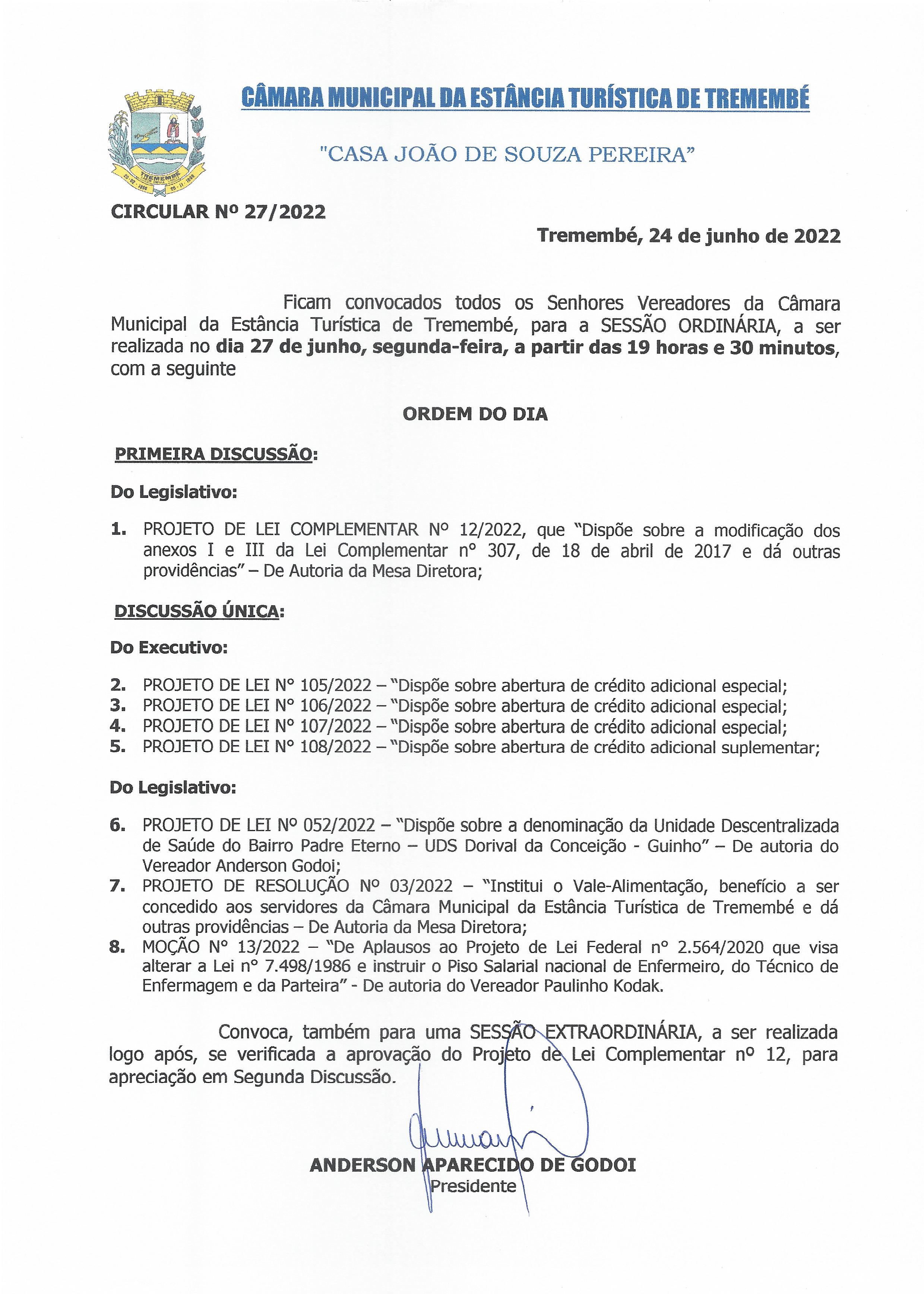 Pauta da 66ª Sessão Ordinária - 27-06-2022