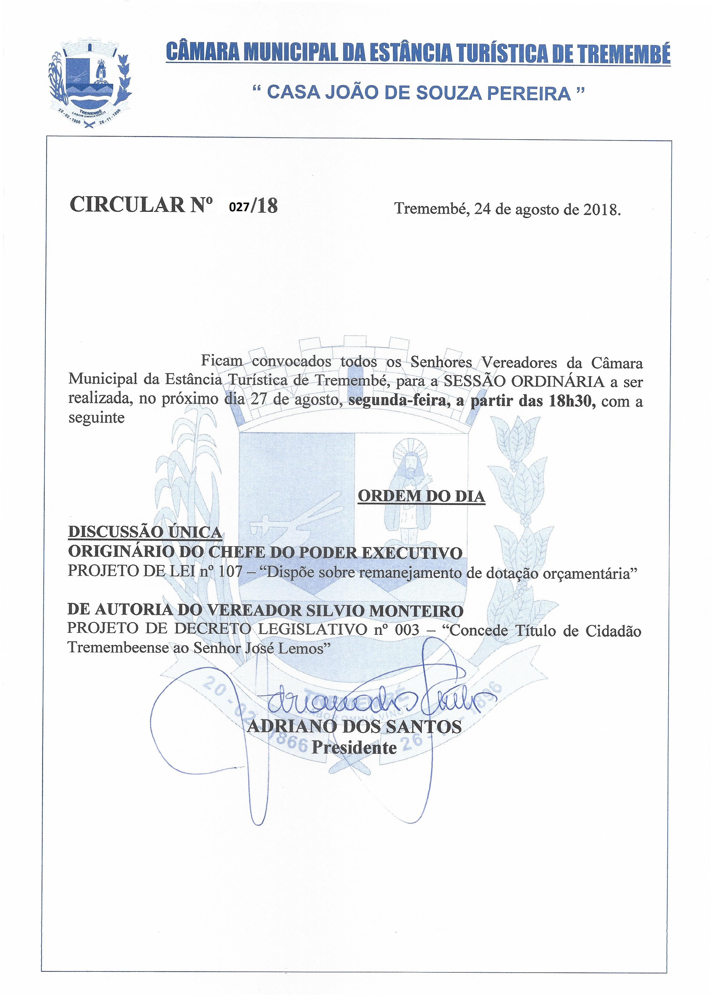 Pauta da 66ª Sessão Ordinária - 27/08/2018