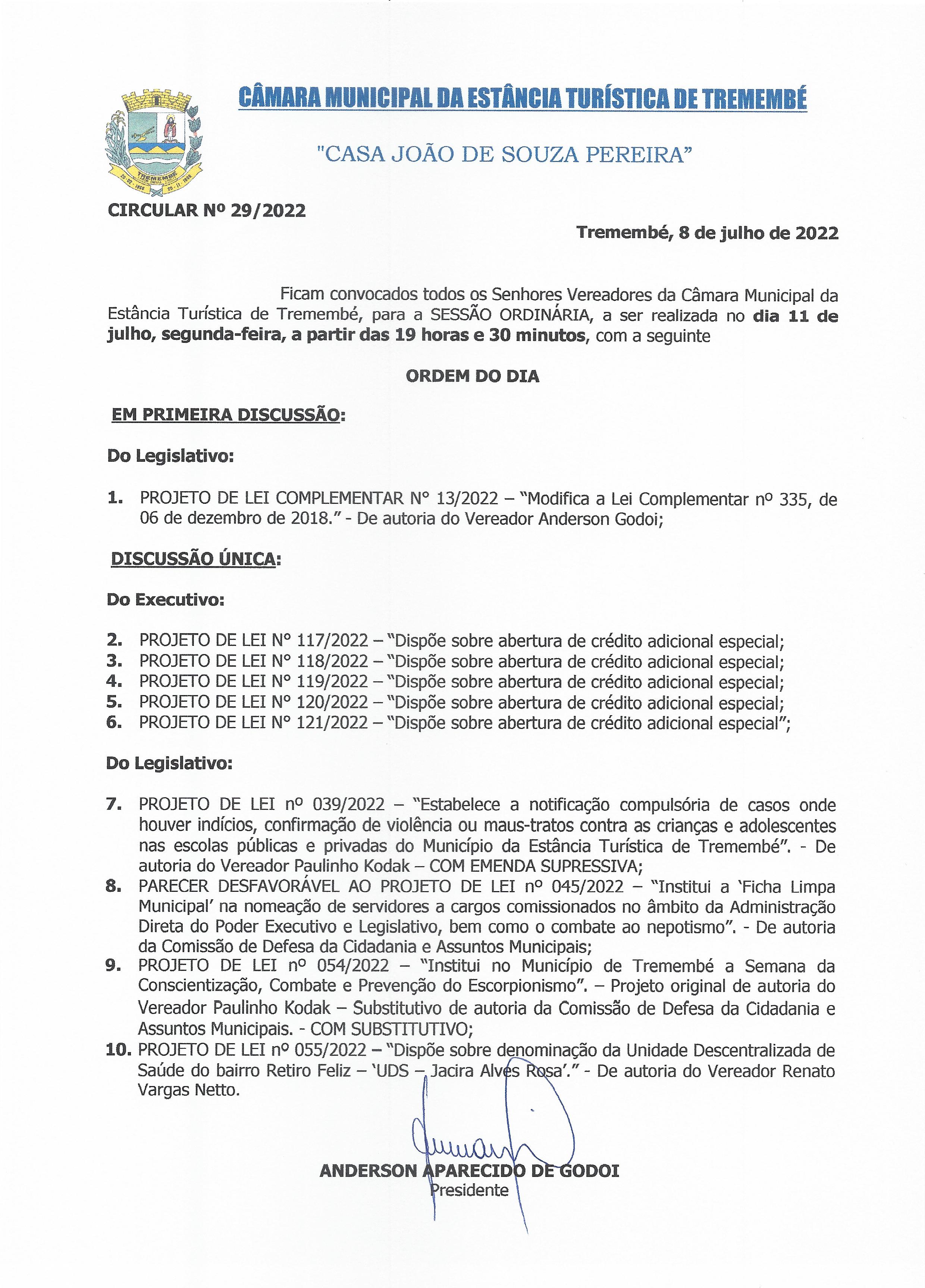Pauta da 68ª Sessão Ordinária - 11-07-2022