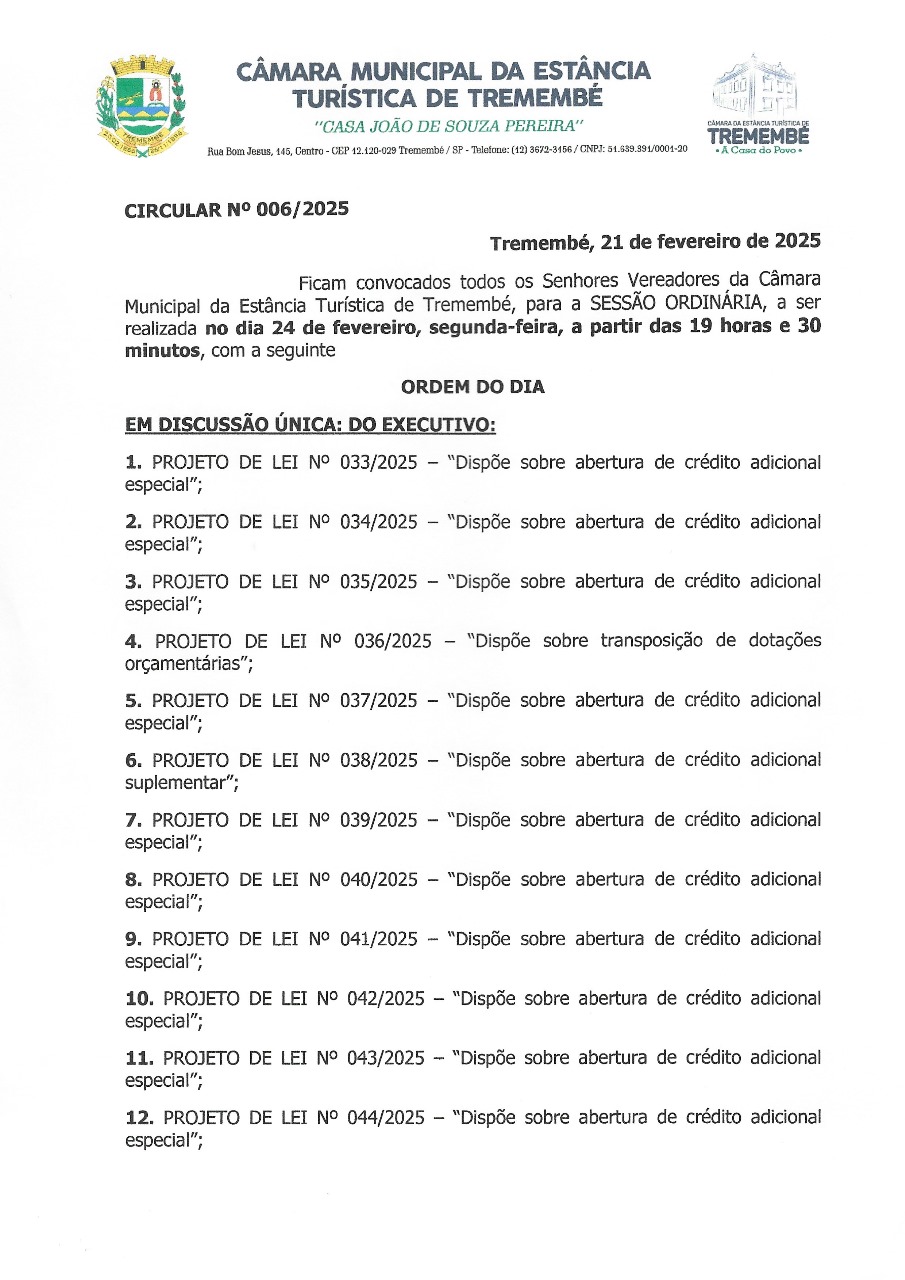 Pauta da 6ª Sessão Ordinária - 24/02/2025