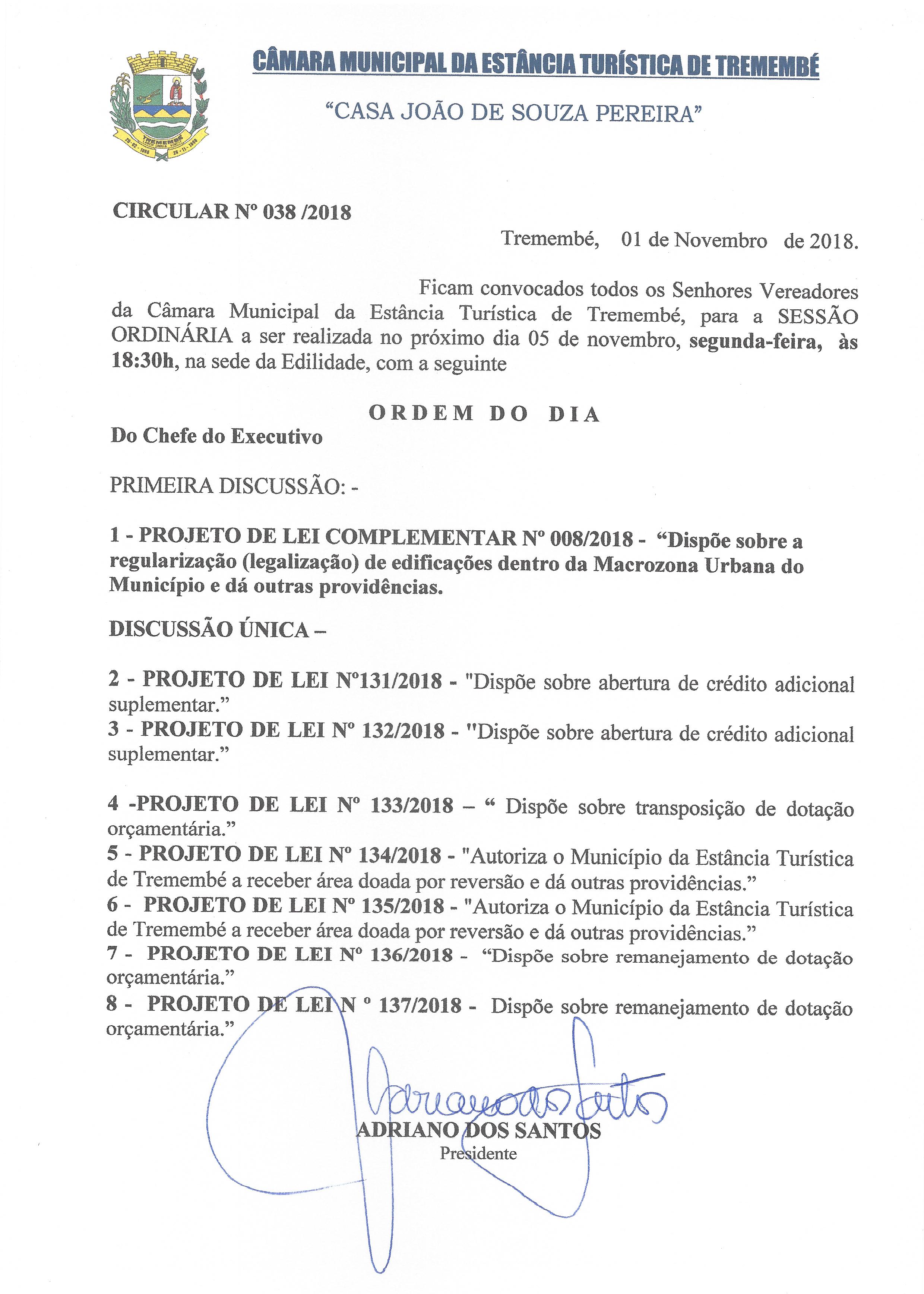 Pauta da 76° Sessão Ordinária - 05-11-2018