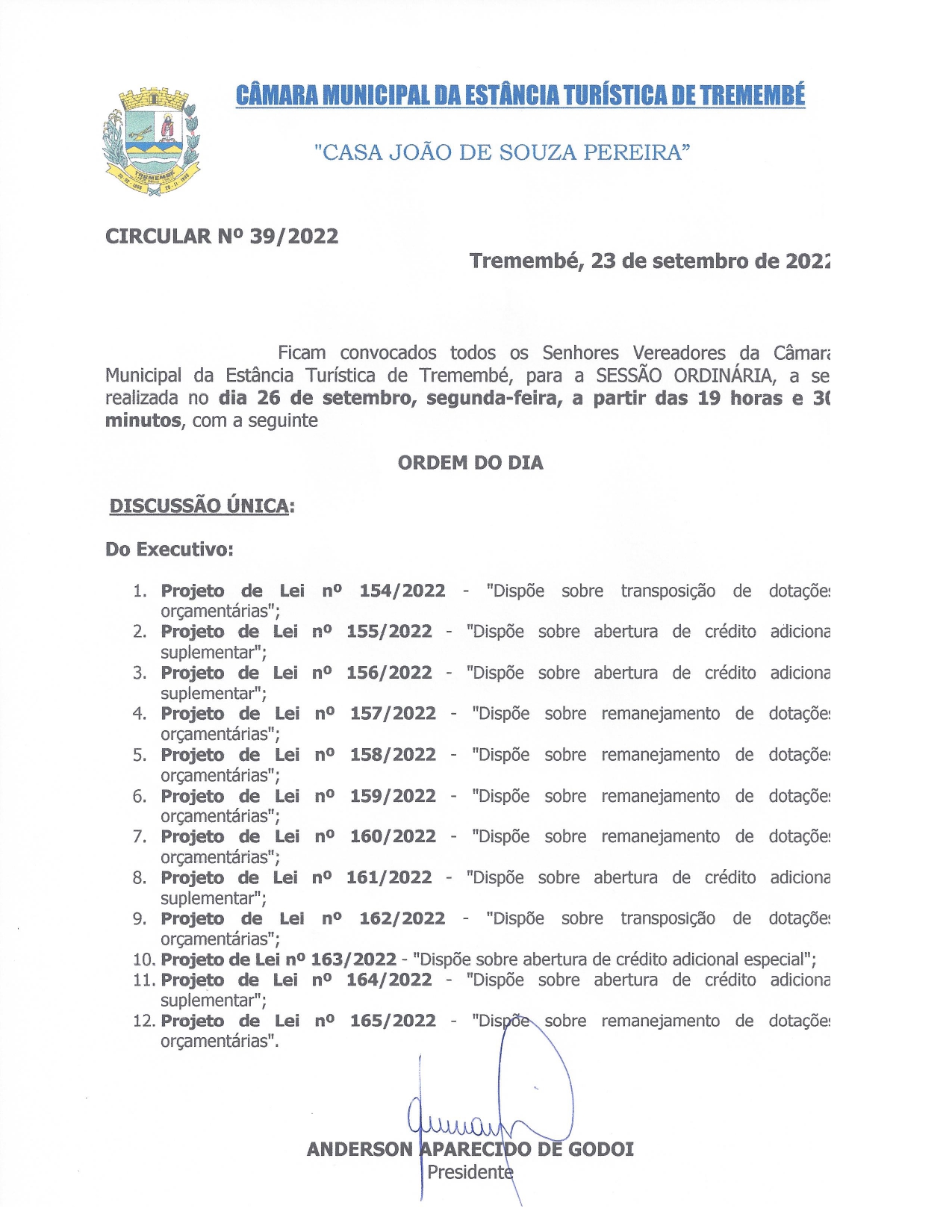 Pauta da 77ª Sessão Ordinária - 26-09-2022