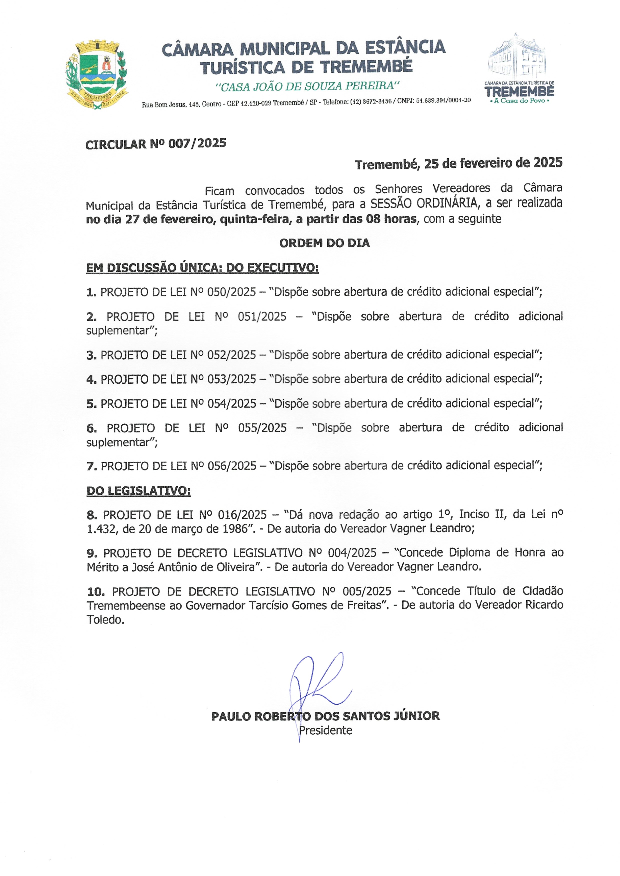 Pauta da 7ª Sessão Ordinária - 27/02/2025