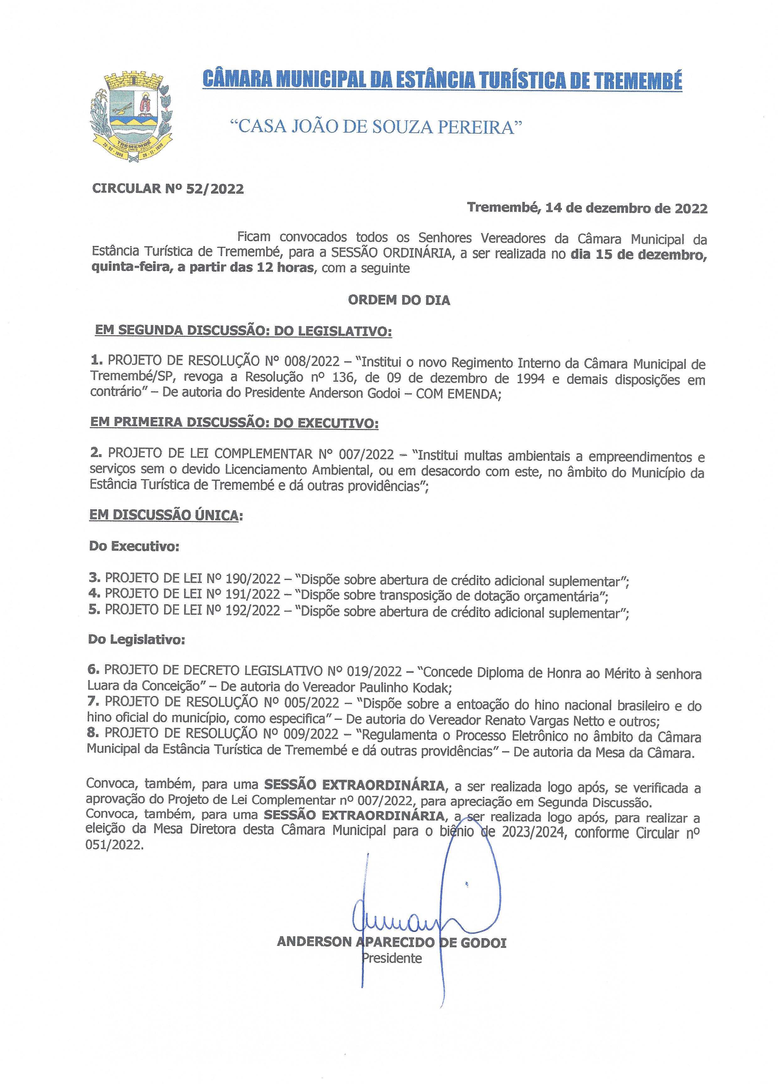 Pauta da 88ª Sessão Ordinária - 15/12/2022