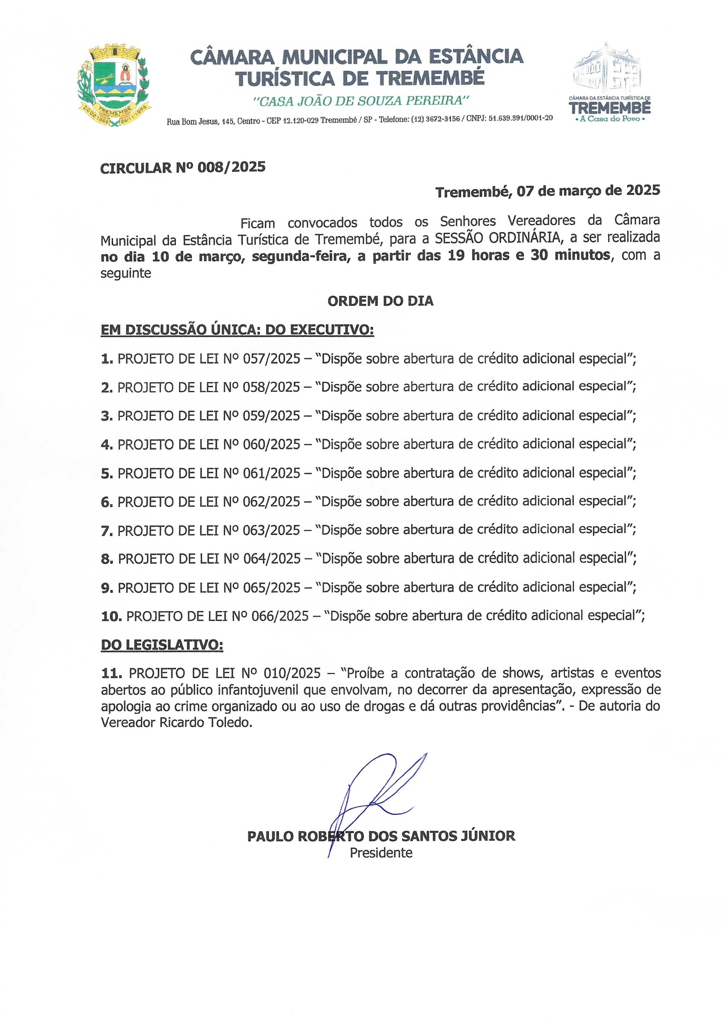 Pauta da 8ª Sessão Ordinária - 10/03/2025