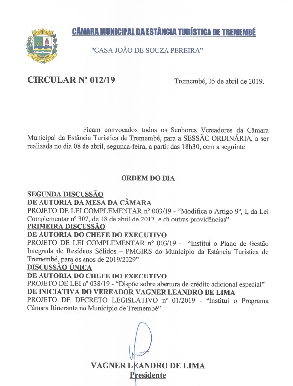 Pauta da 91ª Sessão Ordinária - 08/04/2019