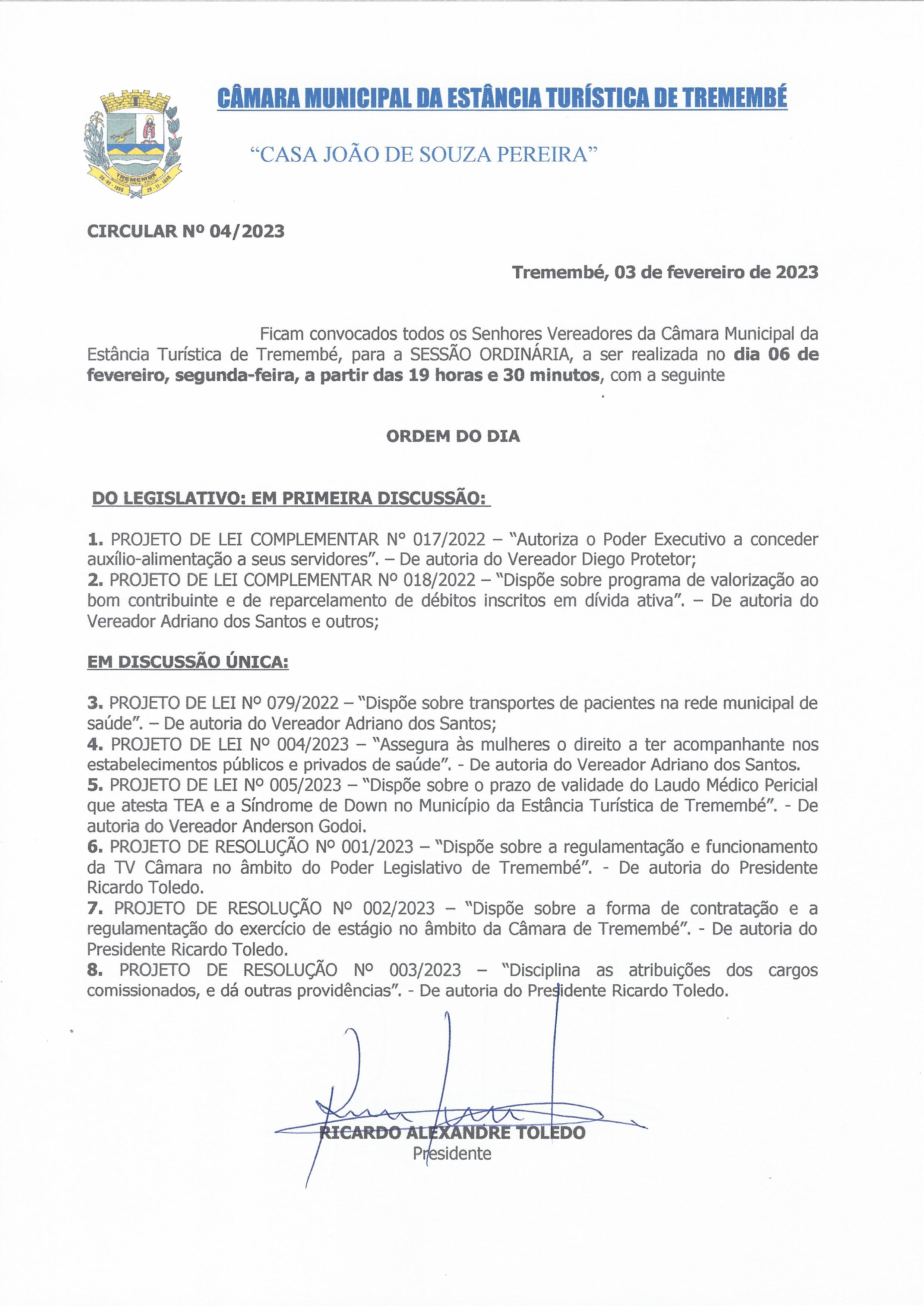 Pauta da 92ª Sessão Ordinária - 06/02/2023