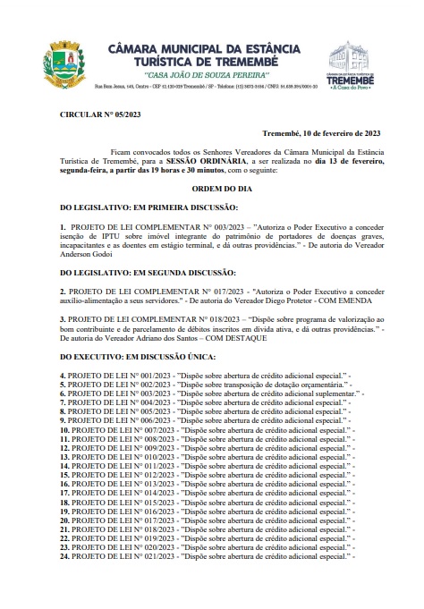 Pauta da 93ª Sessão Ordinária - 13/02/2023