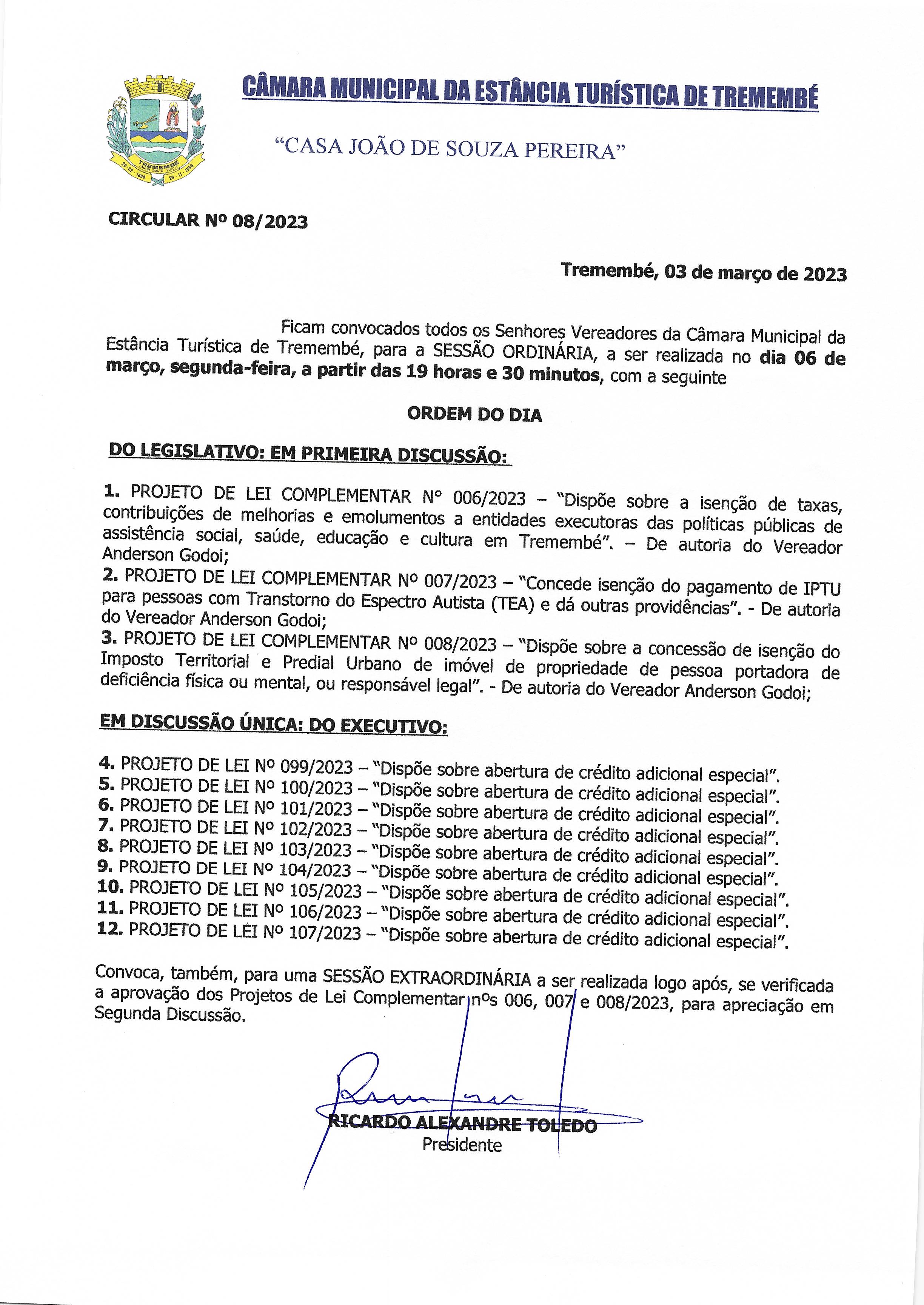 Pauta da 96ª Sessão Ordinária - 06/03/2023