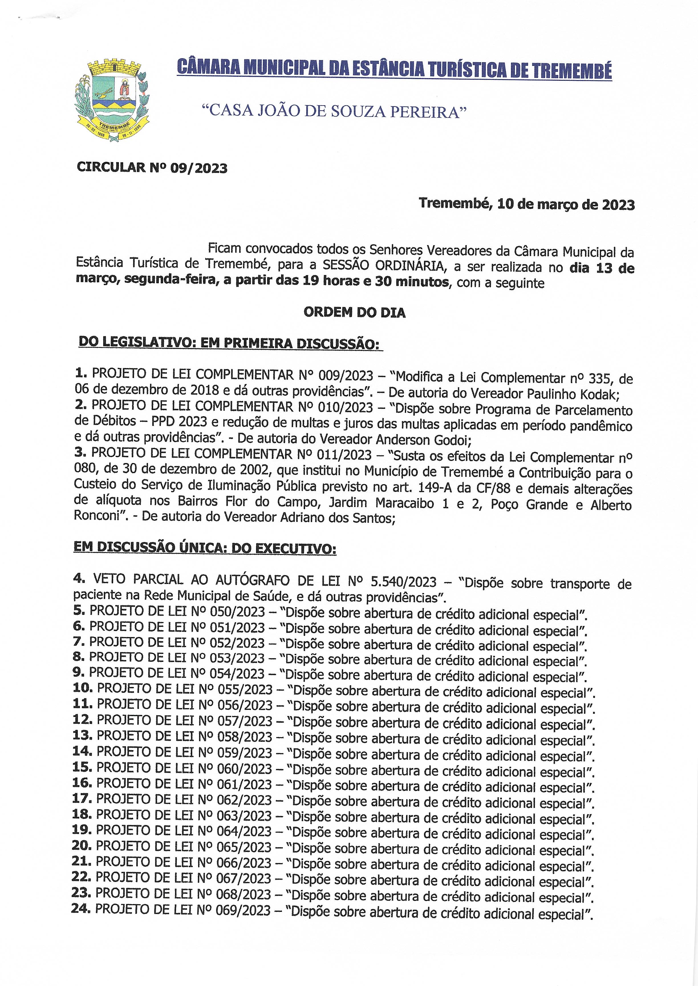 Pauta da 97ª Sessão Ordinária - 13/03/2023