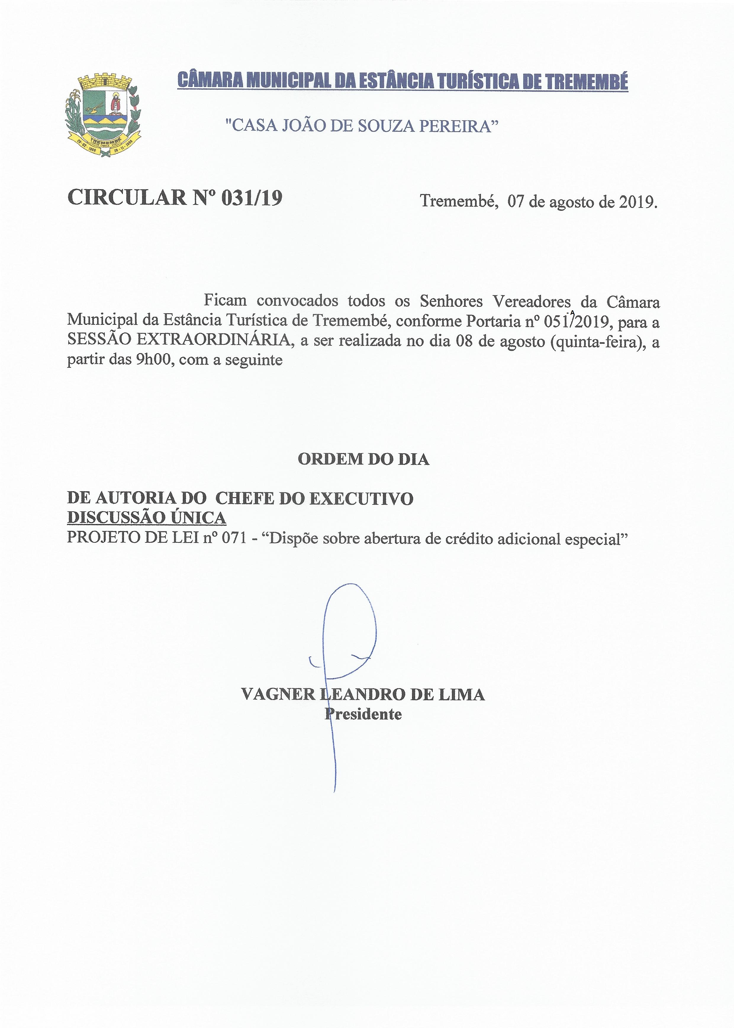 Pauta da Sessão Extraordinária - 08/08/2019