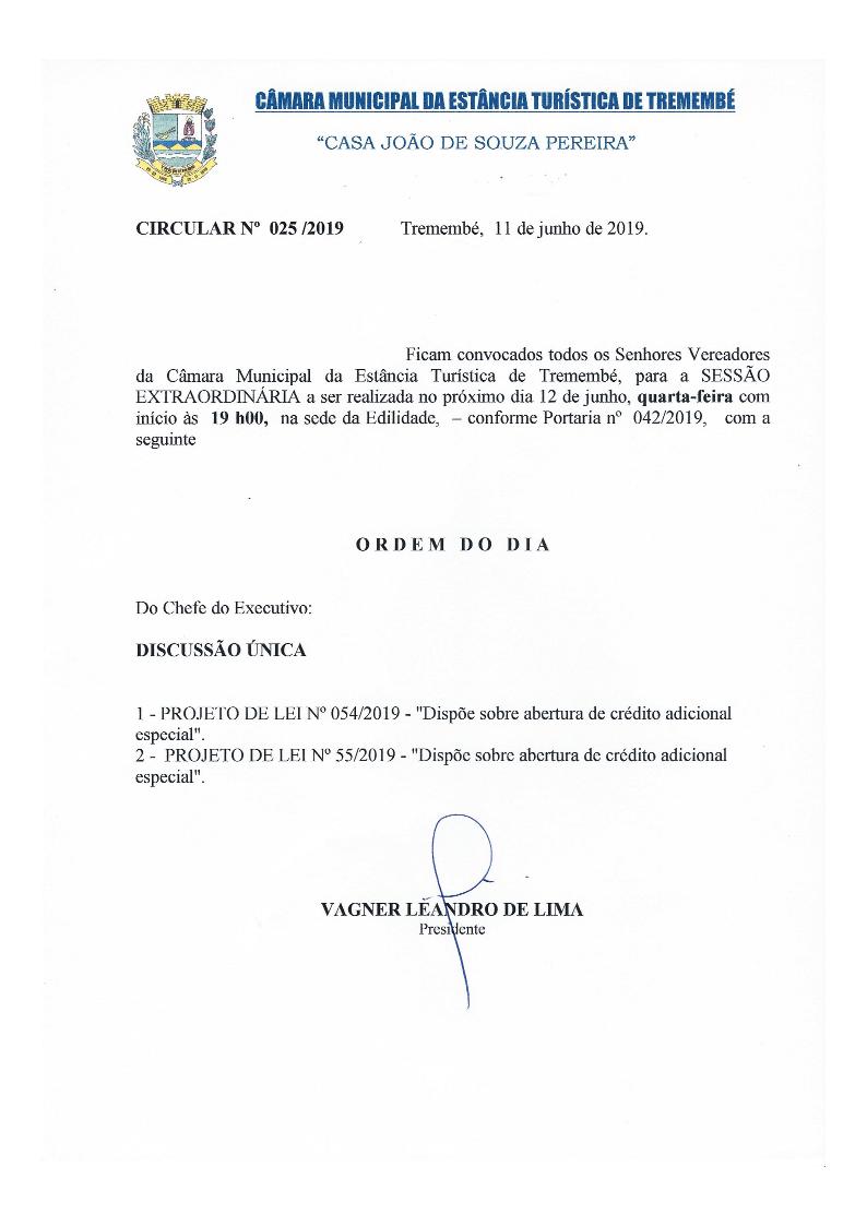 Pauta da Sessão Extraordinária - 12/06/2019