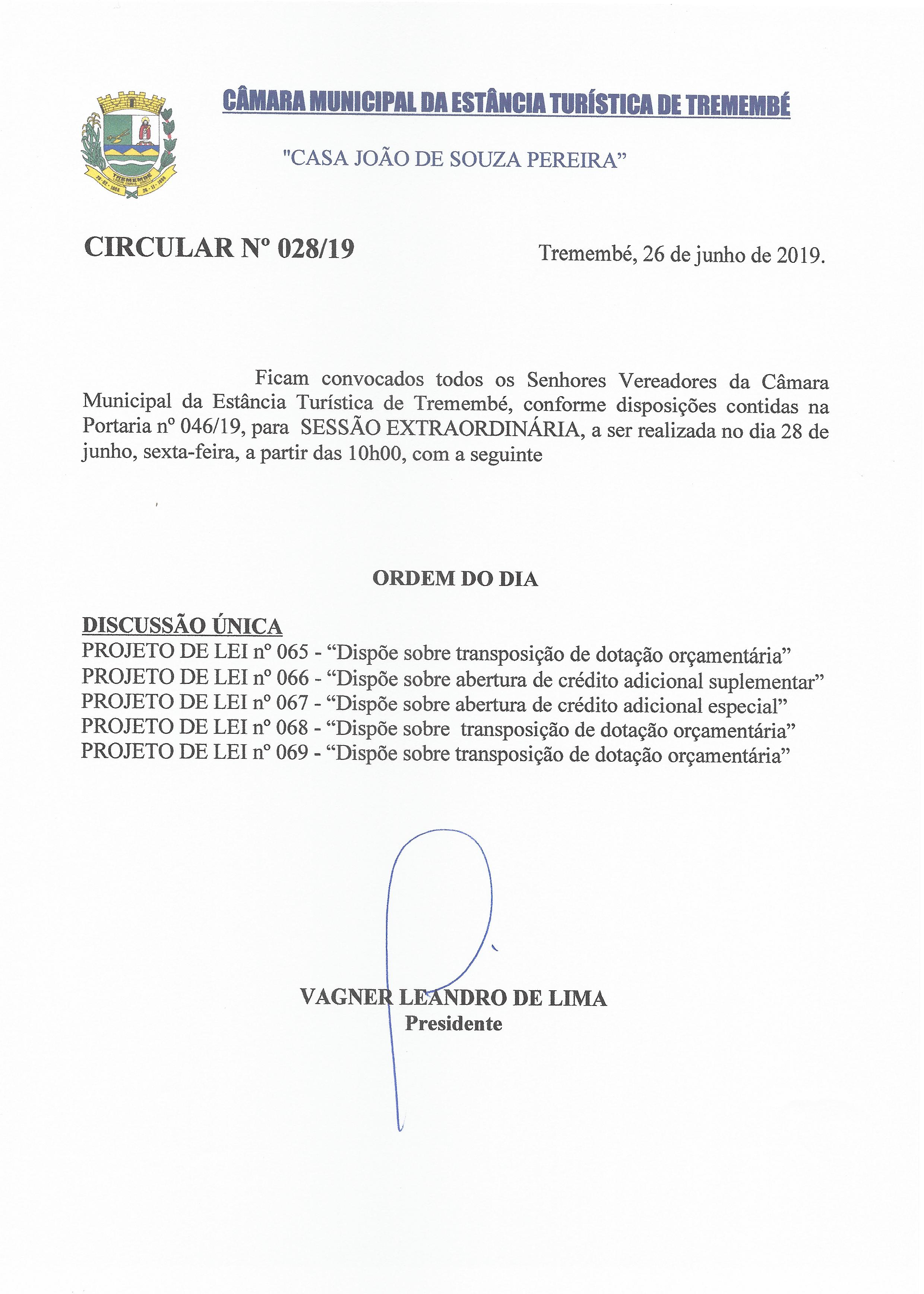 Pauta da Sessão Extraordinária - 28/06/2019