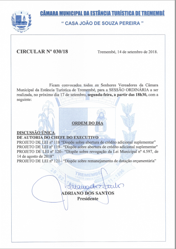 Pauta da 69° Sessão Ordinária - 17-09-2018